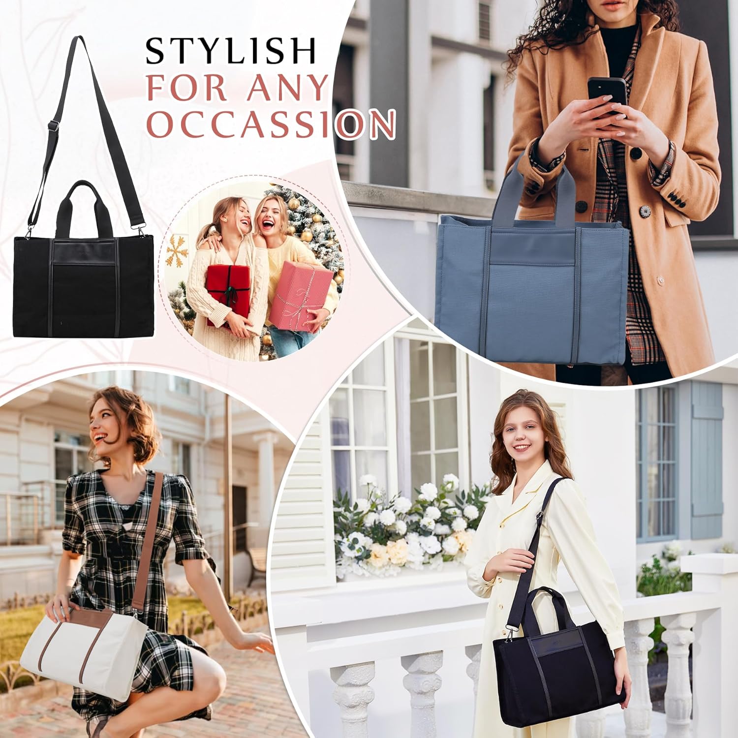 VX VONXURY Tote Bag for Women, Canvas Crossbody Handbag with Detachable Strap Stylish Wide Open Zipper Shoulder Bag for Work Office Travel,Black - Image 5