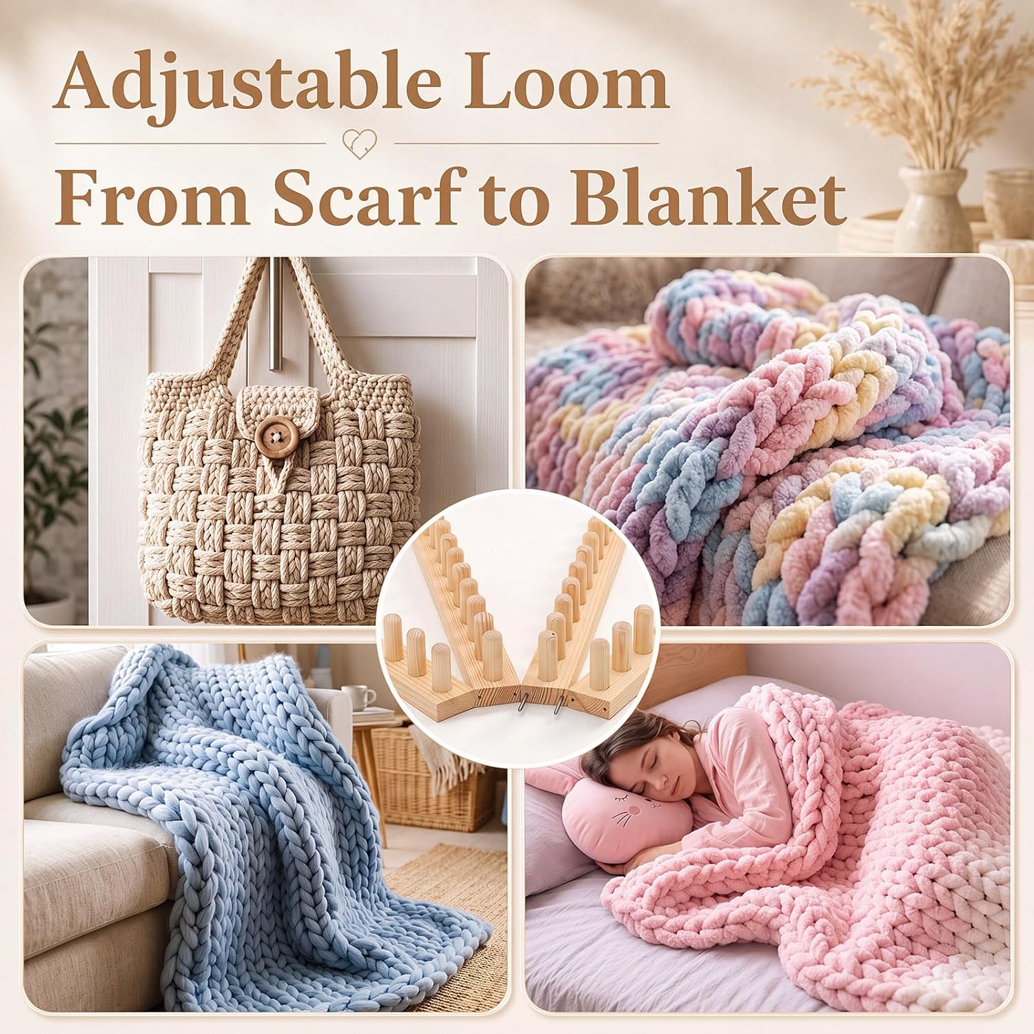 Sintuff 96″ Chunky Blanket Loom, Large Wooden Knitting Loom Kit with Detachable Metal Rods, 4-Section Modular Yarn Knitting Board Frame for Blankets, Throws & Scarves, Easy Storage