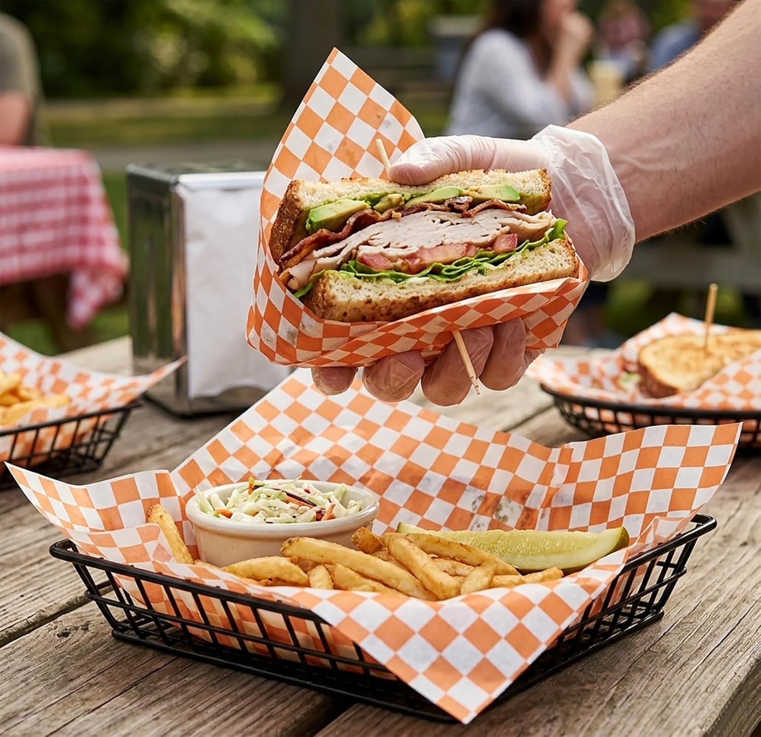 MADE IN USA 1,000 Sheets of Grease-Resistant Food Grade Waxed Kraft Deli Tissue Paper, 12" X 12" (Orange Checker Print)