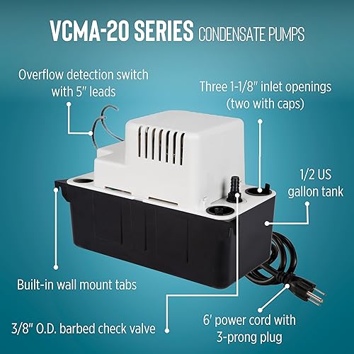 Miniatura 3 de Little Giant - Bomba automática de extracción de condensación VCMA-20ULS de 115 voltios, 80 galones por hora y 1/30 Hp con interruptor de seguridad,