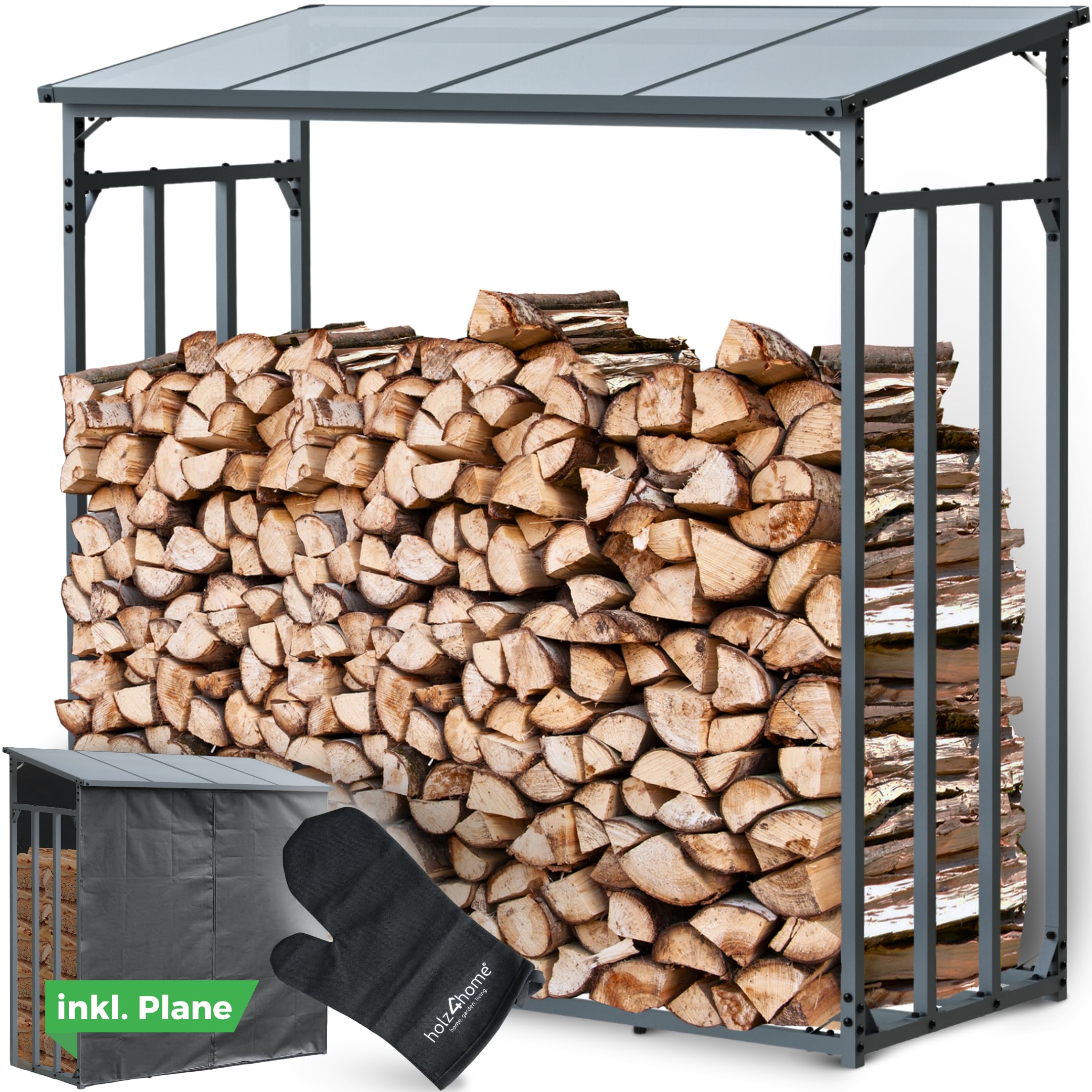 holz4home® Kaminholzregal XL Außen Holzlager I Größe: 182x70x185 cm I Brennholzregal inkl. Ofenhandschuh I Holzunterstand Überdachung mit Stapelhilfe für Brennholz I Holzregal Outdoor