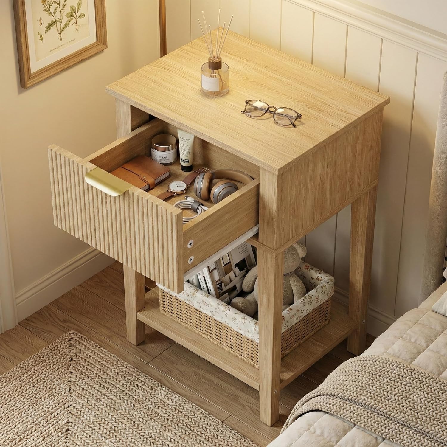Modern Fluted Small Wood Nightstand, 11.8" Deep x 15.4" Narrow Bedside Table with Drawer & Open Shelf, Boho Scandinavian Accent End Table for Bedroom & Sofa - Oak