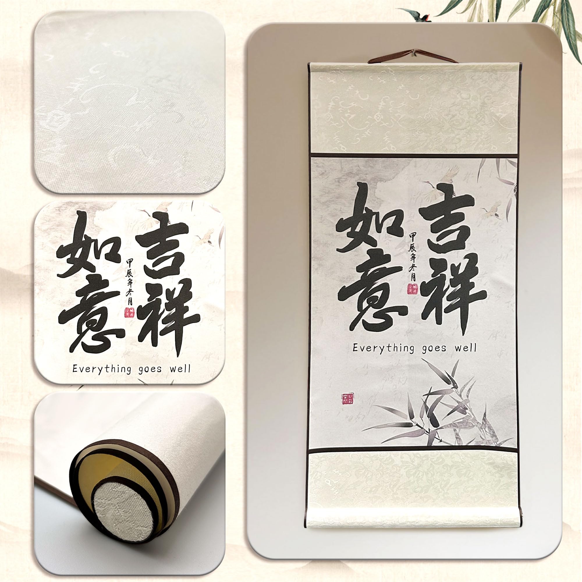 BACH AND BOUJEE Chinesische Kultur Malerei Scrolls Silk Hanging Paintings Alles läuft gut Asiatische Dekoration für Zuhause Hängende Gemälde für Wohnzimmer Chinesischer Segen Hängende Malerei