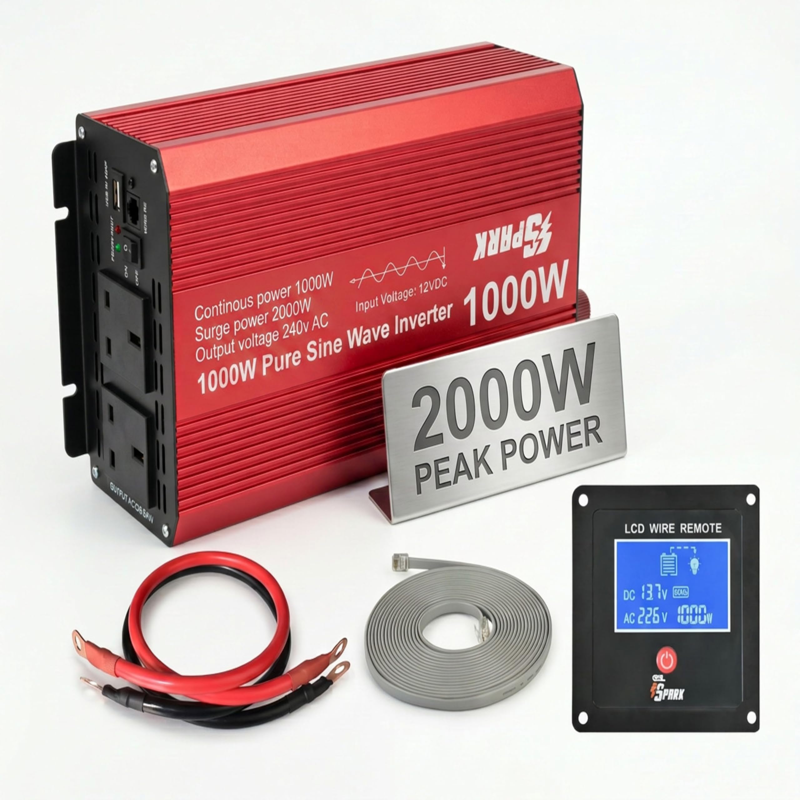 Spark onda sinusoidal pura 1000 W coche inversor DC 12 V a AC 230 V 240 V voltaje convertidor con pantalla LCD remoto