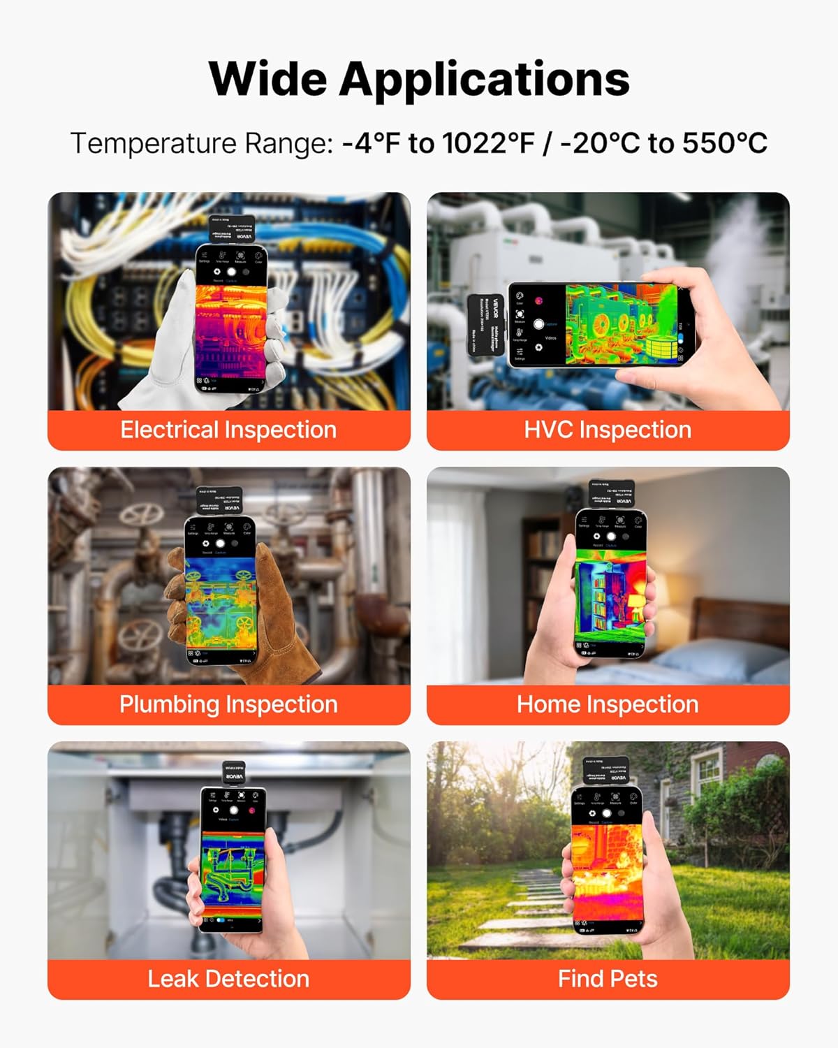 VEVOR Thermal Imaging Camera for Android & iOS, 512 x 384 Super Resolution, 25HZ Refresh Rate Infrared Thermal Imager for Smartphones Tablets, 256 x 192 IR Resolution, -4°F-1022°F & 6 Color Palettes
