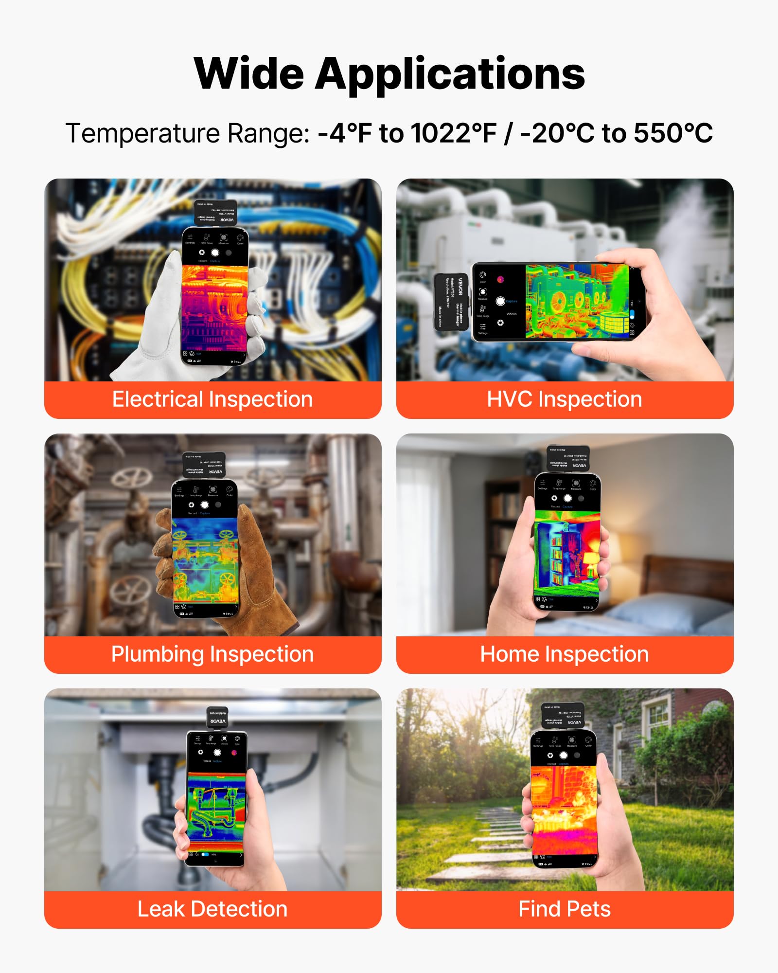 VEVOR Caméra Thermique pour Android et iOS Super Résolution TISR 512x384 Imageur Thermique Infrarouge Résolution 256x192 pour Smartphone et Tablette, 25 Hz, -20 °C à 550 °C, avec 6 Palettes Couleurs