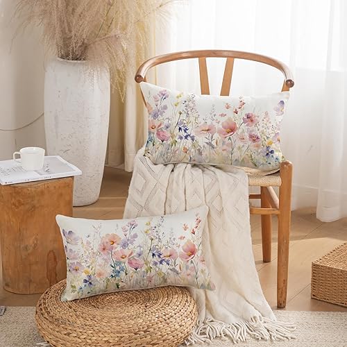 Miniatura 9 de TAJWE Juego de 2 fundas de almohada florales de primavera de 12 x 20 pulgadas, fundas lumbares de flores moradas de verano para sofá, decoración del
