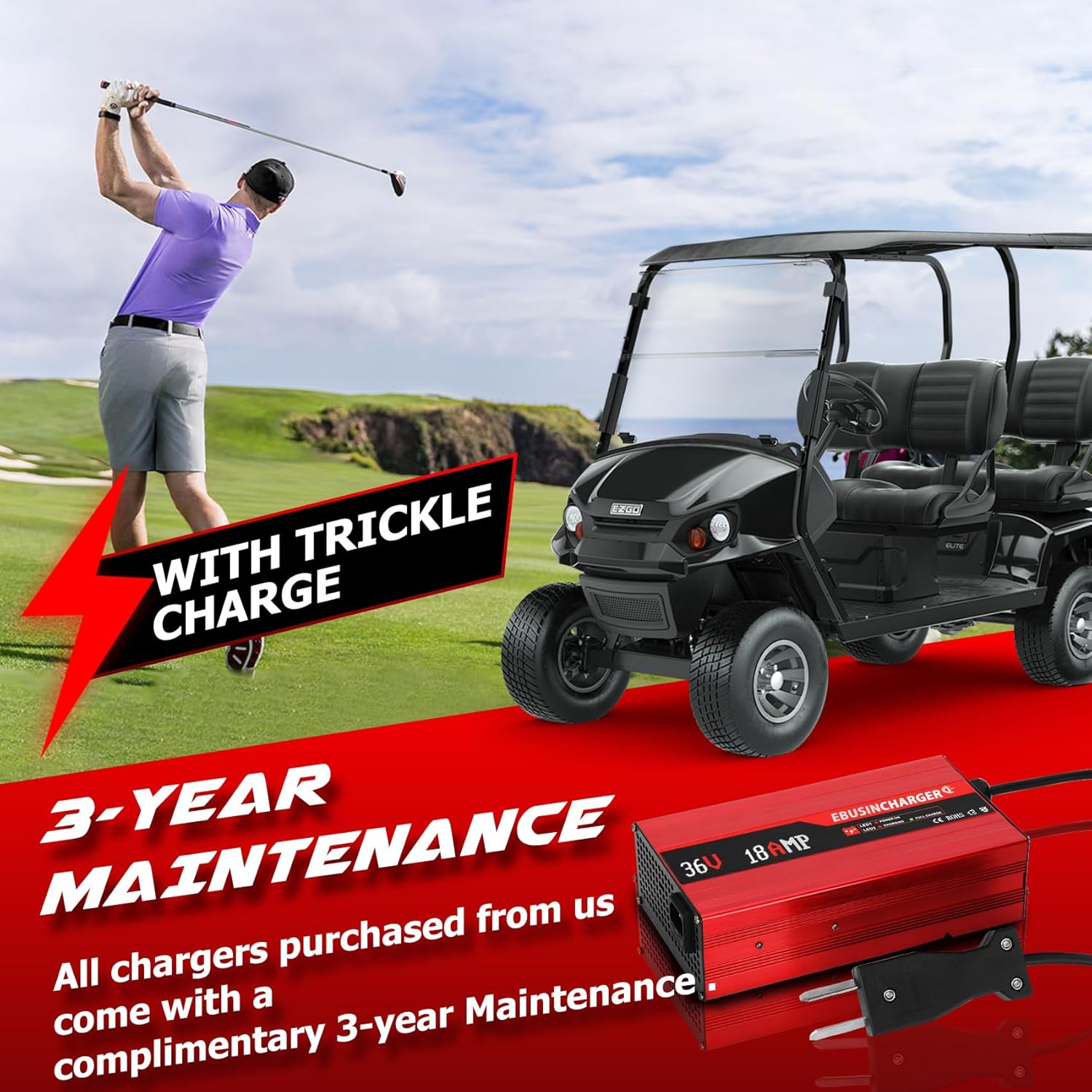 36 Volt Golf Cart Battery Charger for EZGO & Yamaha(Lead-Acid),18 Amp Smart Charger with Trickle Charge,4-6 Hours Full Charge,18A 36 Volt Golf Cart Charger.
