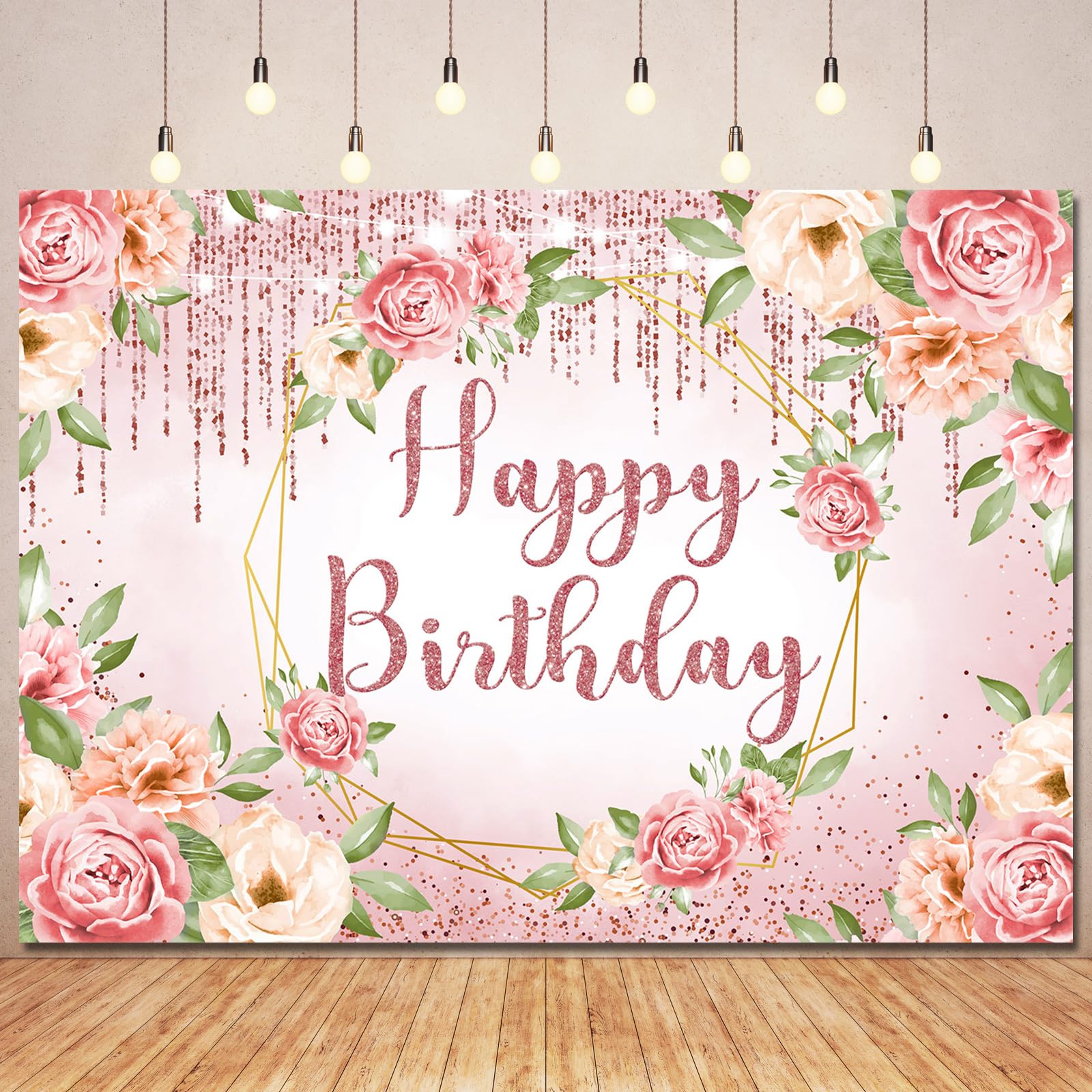 Ayayiya Pink Blush Floral Happy Birthday Backdrop Banner Decorations for Women,Rose Gold Glitters Flower Birthday Backdrops Photography Background for