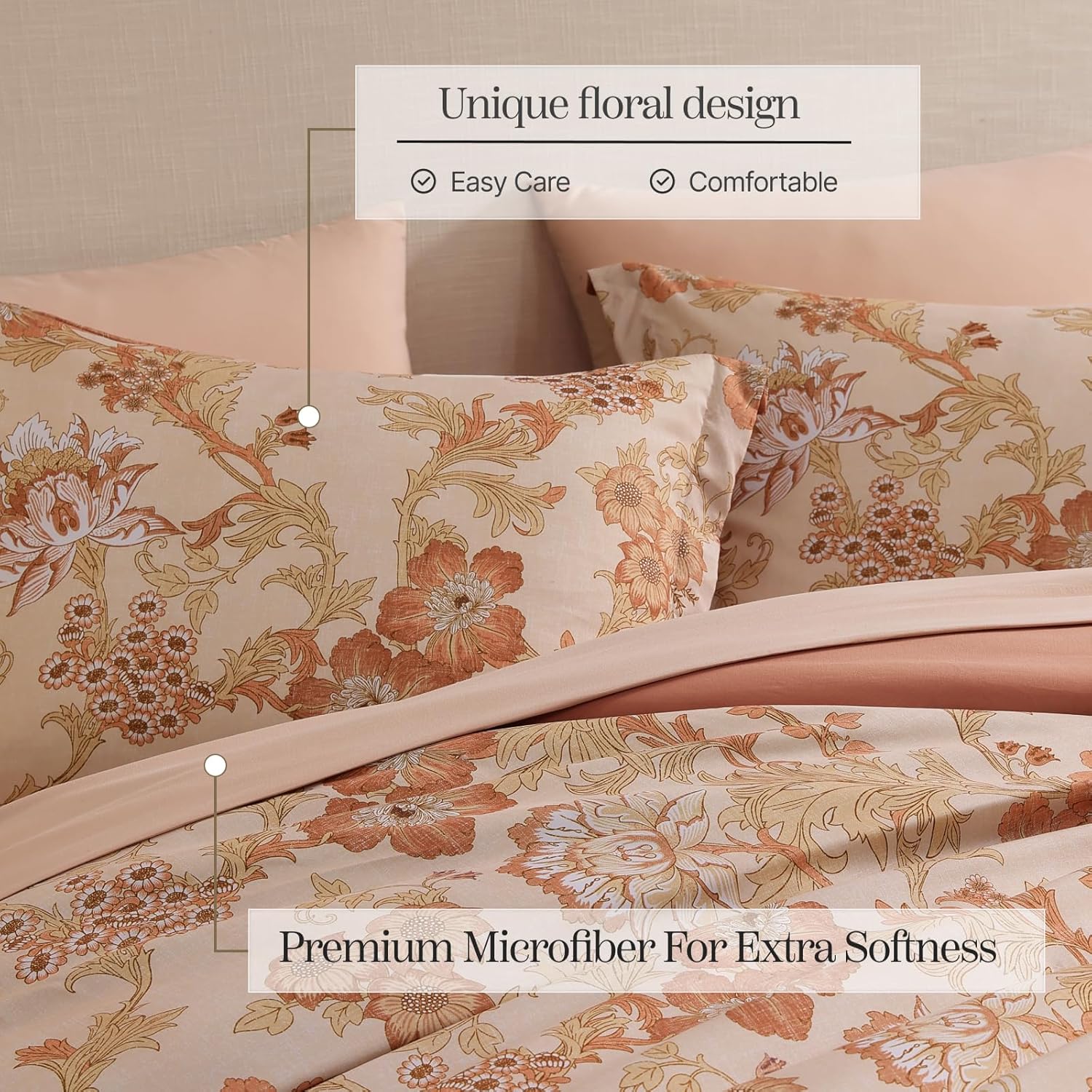 Queen Comforter Set -7 Pieces Terrecotta Floral Comforter Set for All Seasons, Bed in a Bag Queen with Botanical Flowers Comforter, Sheets, Pillowcases & Shams - Image 7