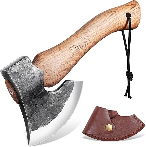 TIVOLI Hacha de Mano 27cm forjada a Mano - Mango Madera ergonómico, Funda, Hacha Supervivencia, Regalo Premium para Hombres
