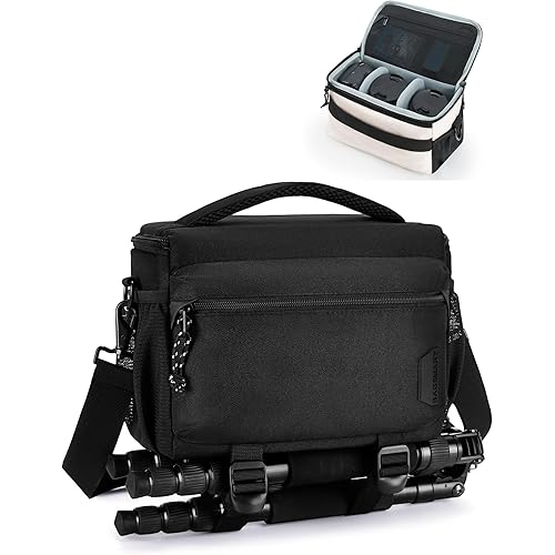 BAGSMART Small Camera Bag for Photographers, Compact Camera Shoulder Bags for DSLR/SLR/Mirrorless Cameras, Waterproof Crossbody Camera Case with Tripod Holder, Black