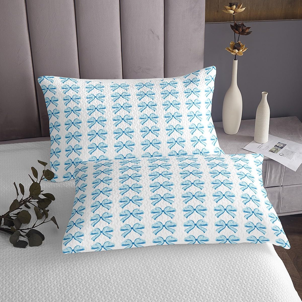 Erosebridal Kawaii Bowknot Queen Bedspread Set, Bow Tie Print Soft Quilt Set for Kids Lady Girls, Cute Blue Dreamy Princess Coverlet Set & Bedspread for Bedroom, Cartoon Girly Ribbon Bedding Sets