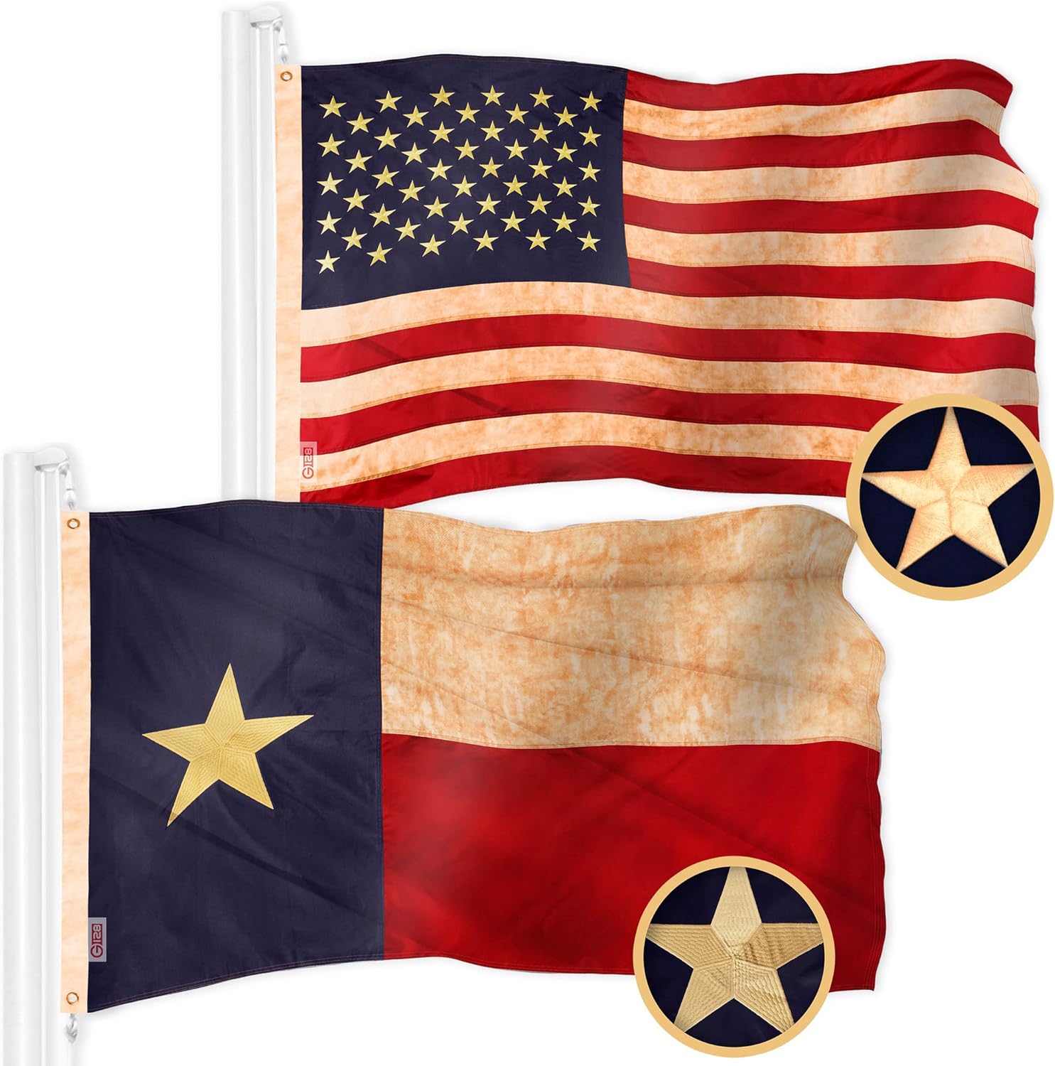 G128 Combo Pack: American USA Tea-Stained Flag 2.5x4 Ft & Texas Tea-Stained Flag 2.5x4 Ft | Both ToughWeave Pro Series Embroidered 420D Polyester, Embroidered Design, Indoor/Outdoor, Brass Grommets