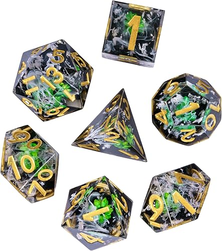 Miniatura 8 de Cusdie Dados DND de bordes afilados, 7 piezas de dados de flores D&D D20 D12 D10 D8 D6 D4, juego de dados poliédricos hechos a mano para Dungeons &