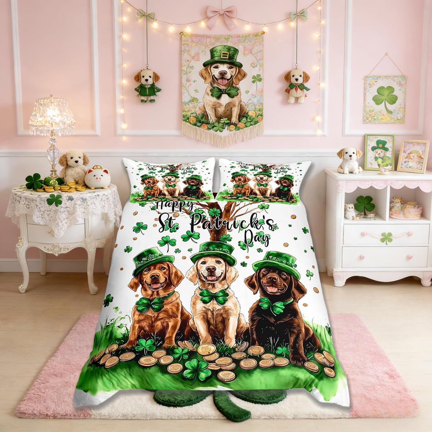 Manfei St. Patrick's Day Kids Bedding Set King Size,Lucky Labrador Dogs Duvet Cover Set， Room Decor,Brown Green Quilt Cover,2 Pillowcases(No Comforter)