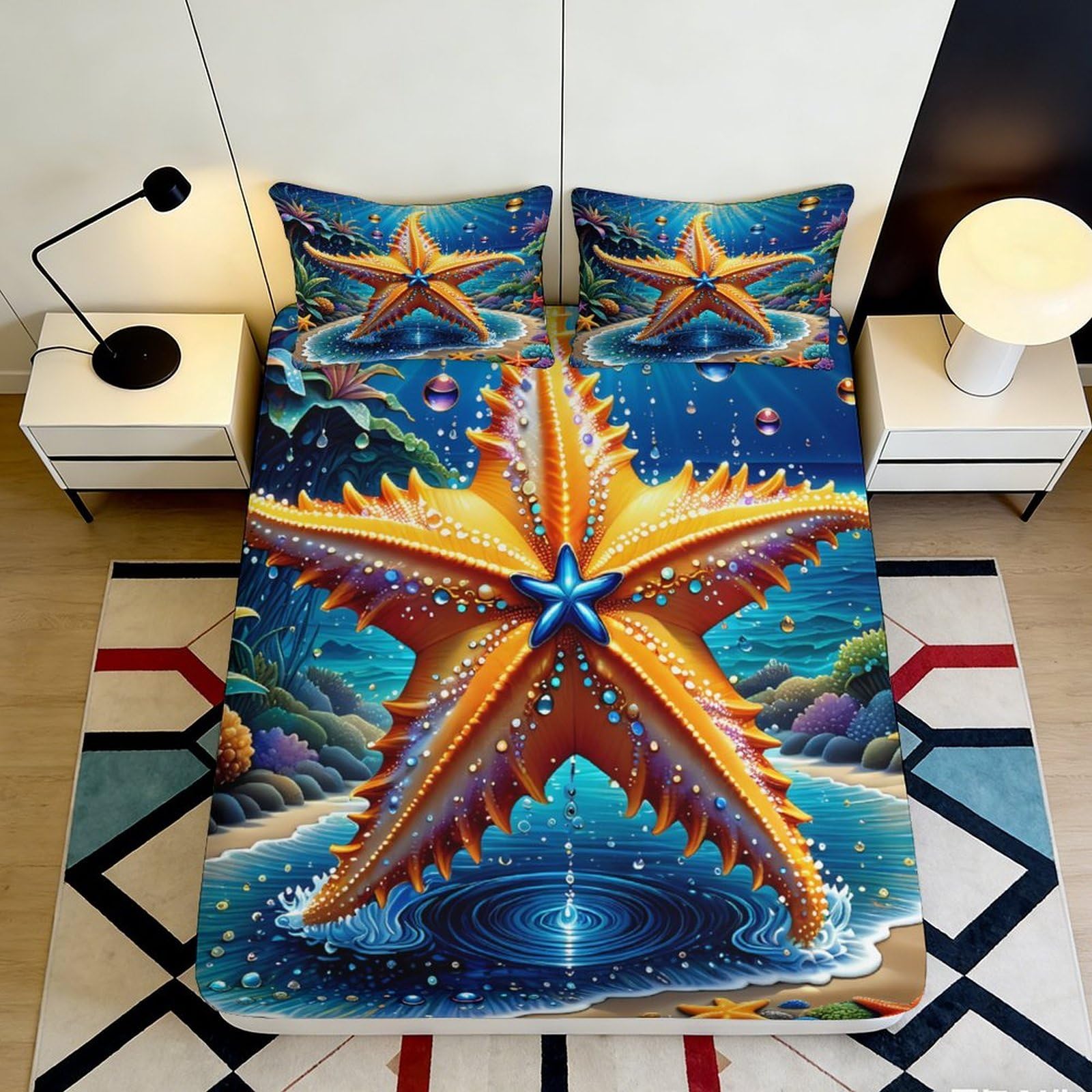 3D Printed Starfish Marine Pattern Fitted Sheet Microfiber Soft Breathable Ocean Underwater Mattress Cover for Bedroom Dormitory Guest Room Mattress Protection 140x200x25cm