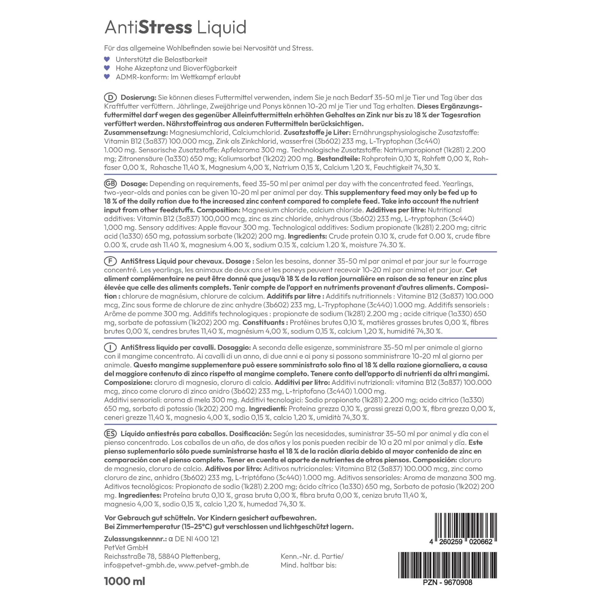 PHA Liquide Anti-Stress pour Chevaux - Soutien Naturel en Cas de nervosité, d'anxiété et de Stress - avec Vitamine B12, magnésium, Calcium, Zinc et tryptophane - 1 l