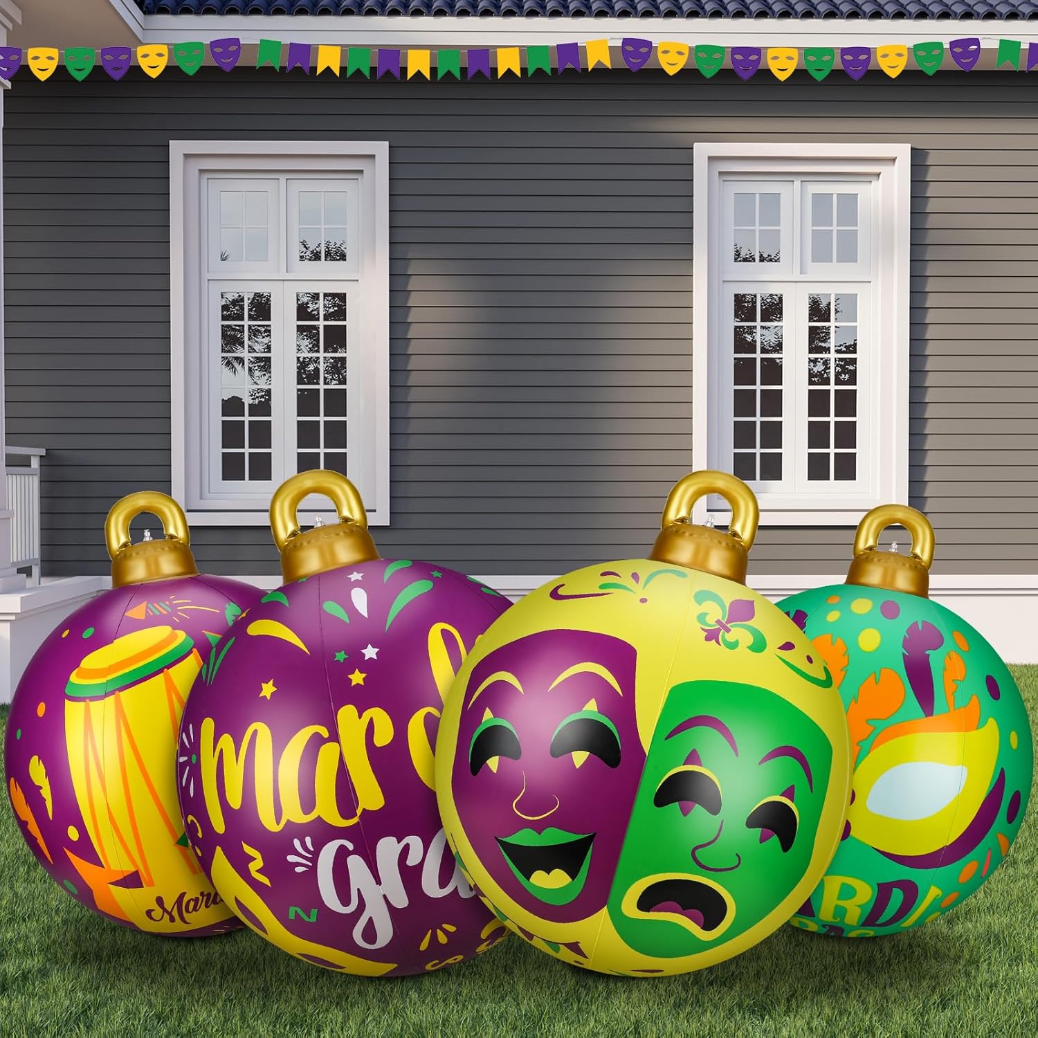 Jetec 4 Pcs 32 Inch Mardi Gras Inflatable Decorations Ball Outdoor Giant PVC Blow up Yard Decorations Hanging Ball Ornaments for Yard Lawn Outdoor Decor (Assorted)