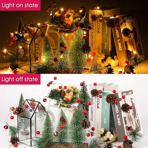 Miniatura 5 de Guirnalda de Navidad con 20 luces LED de 6.5 pies, con luces de pino y baya roja, funciona con pilas, guirnalda de luces LED, decoraciones de