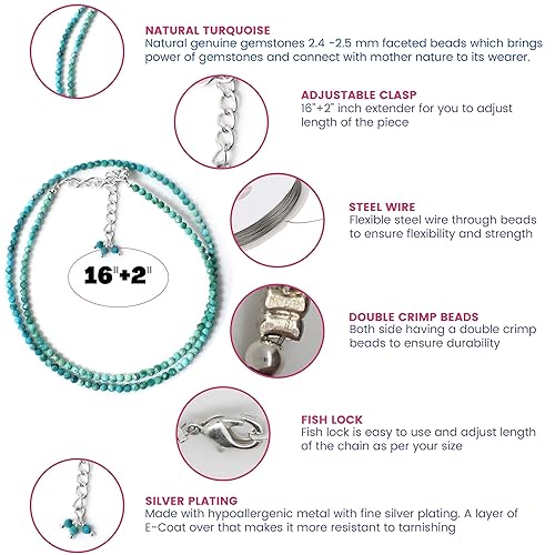 Miniatura 6 de Gempires Genuine Turquoise Beads Choker Necklace for Women, Native American Beaded Necklace, Healing Stone Necklace, 2.4-2.5 mm Faceted Beads With