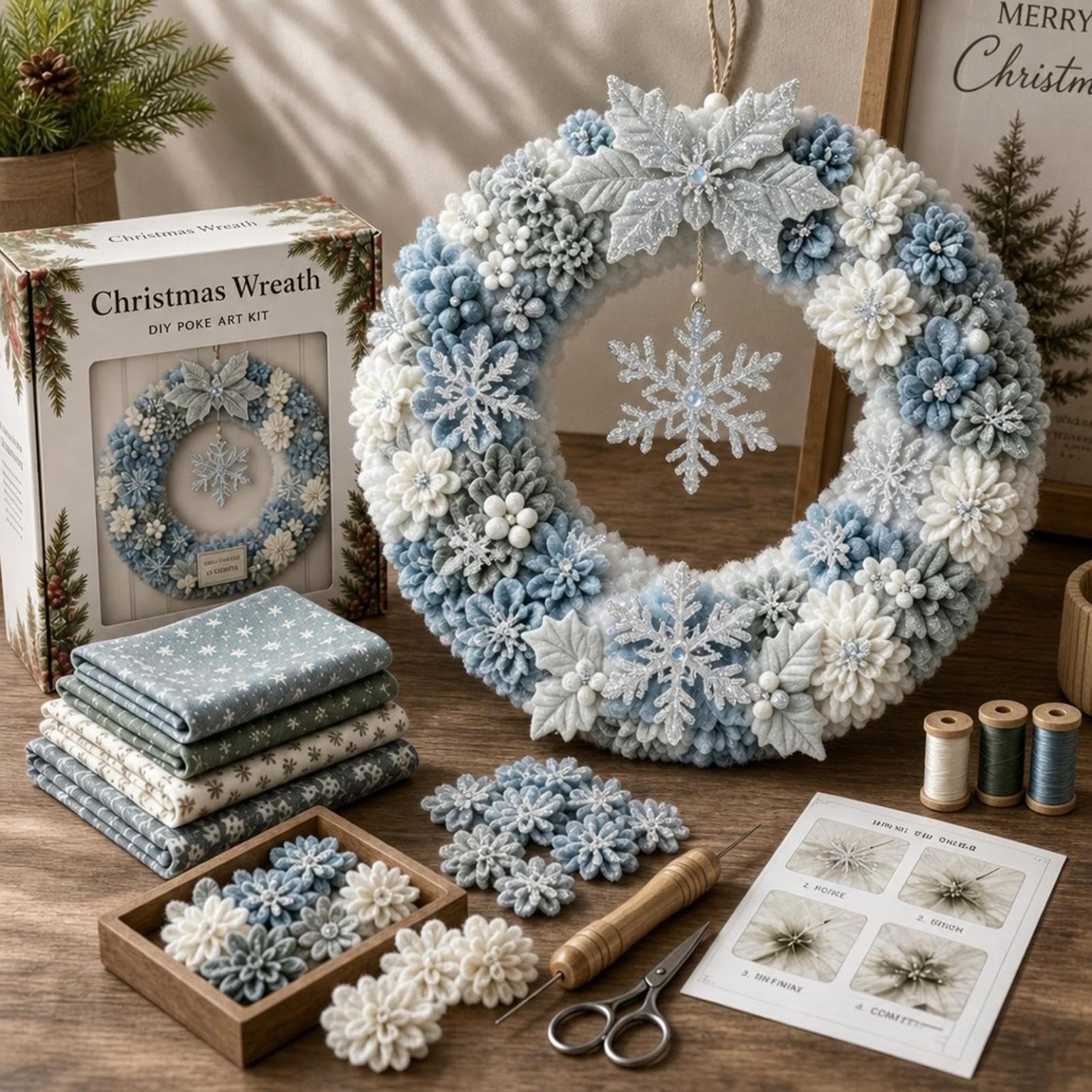 3D Fabric Poke Wreath Diy Kit, Fabric Pokes Art For Adults, Christmas Wreath, Christmas Wreath Diy Kit For Adults, 3D Fabrics Poke Art Craft Kit, Holiday Wreath Making Kit & Door Decor (snowflake)
