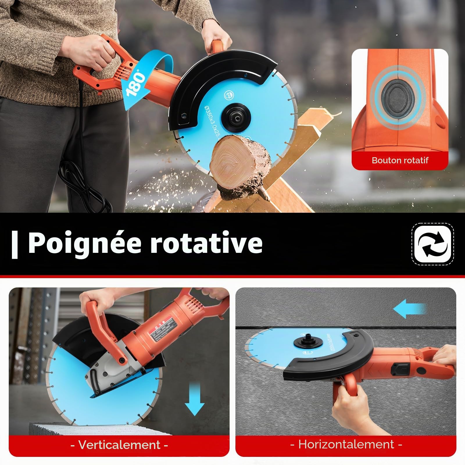 Scie à béton électrique 3000 W 3800 tr/min Fraise murale sans poussière avec lame diamant de 350 mm de qualité supérieure pour carrelage, marbre, granit, bois, pierre et ciment