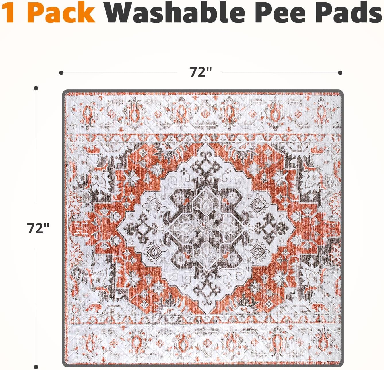 LOOBANI Washable Pee Pads for Dogs, 1 Pack Super Absorbent Reusable Puppy Pads Leakproof Dog Traning Pads, Waterproof Non-Slip Whelping Pad for Floor, Playpen, Crate, Couch-72 x72 (Red-Orange)