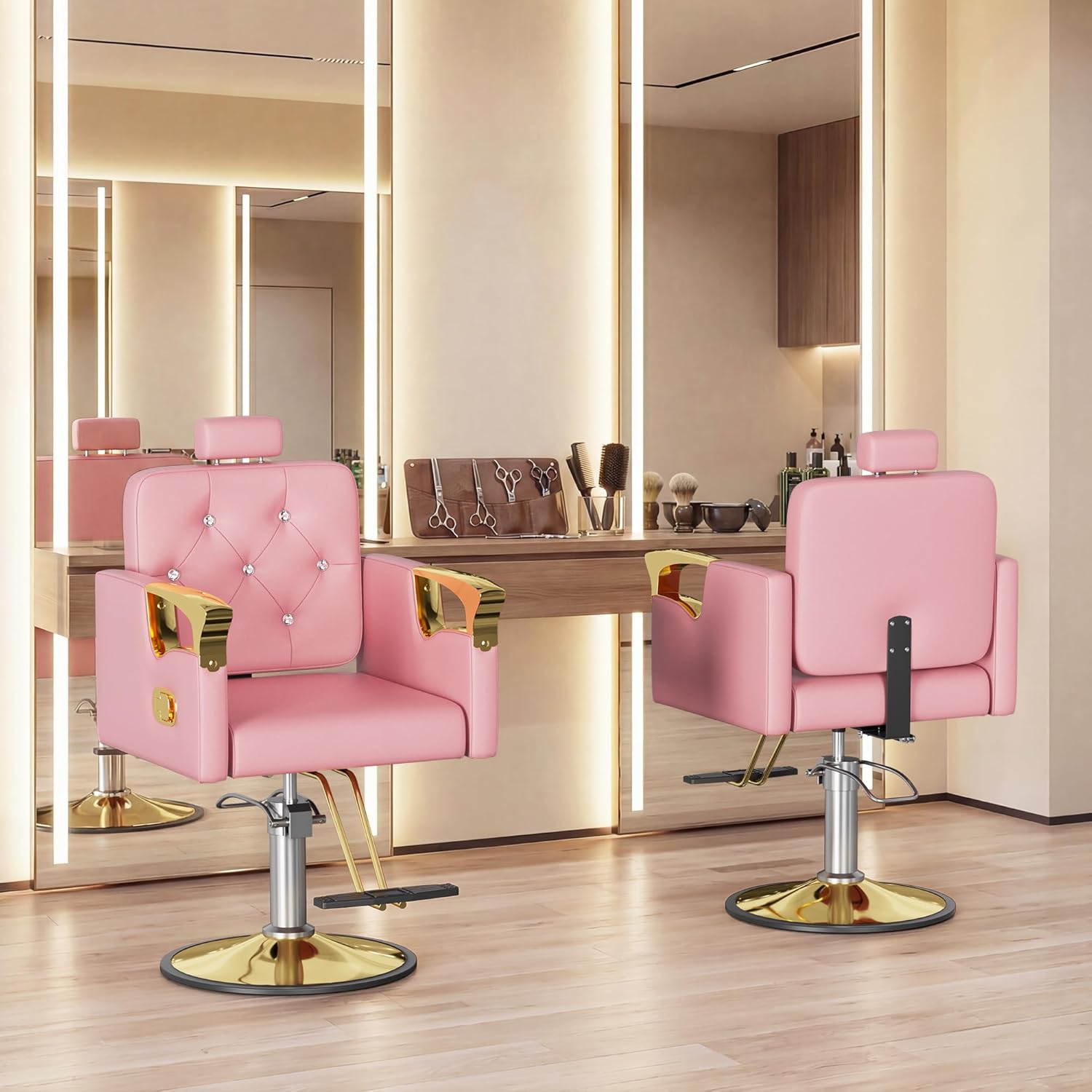Barber Chair for Hair Stylists, Hydraulic Styling Chair with Heavy Duty Pump, 360° Swivel Barber Chairs with Reclining, Adjustable Headrest, Beauty Salon Equipment, 330 Lbs (Pink-Gold)
