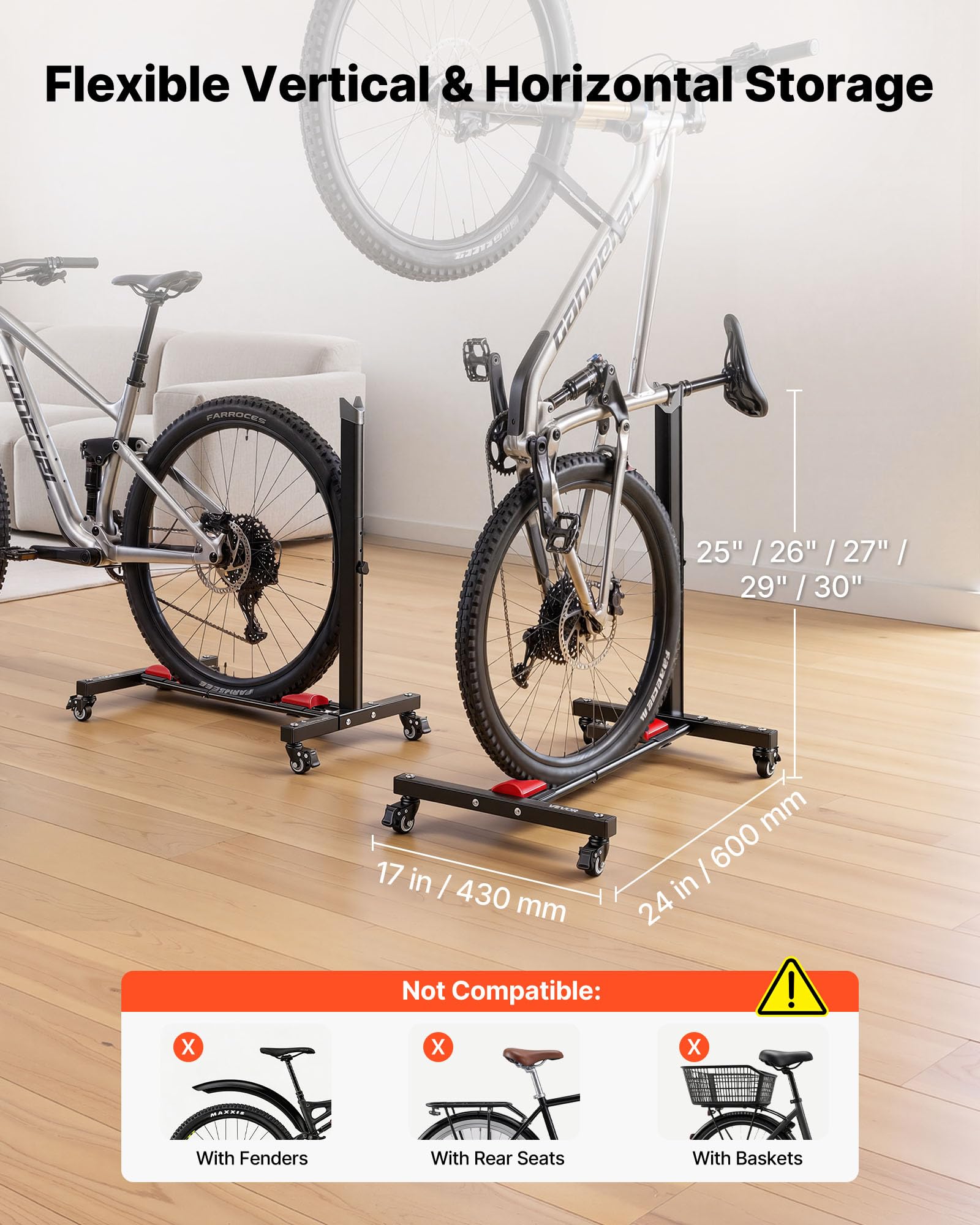 VEVOR Soporte para Bicicleta de Acero con Ruedas 360°, Altura Ajustable, Portabicicletas Independiente con Bloqueo, Uso Vertical y Horizontal para Ruedas de 20 a 29 Pulgadas (508 a 737 mm), Juego de 2