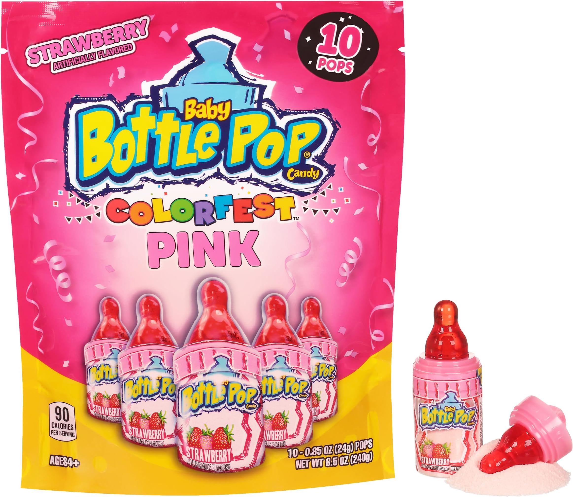Baby Bottle Pop Candy Pink Lollipops, 10 Ct Bulk Lollipops with Dipping Powder in Pink Strawberry Flavor, Full Size, Individually Wrapped Hard Candy For Gender Reveal, Baby Showers & Goodie Bags