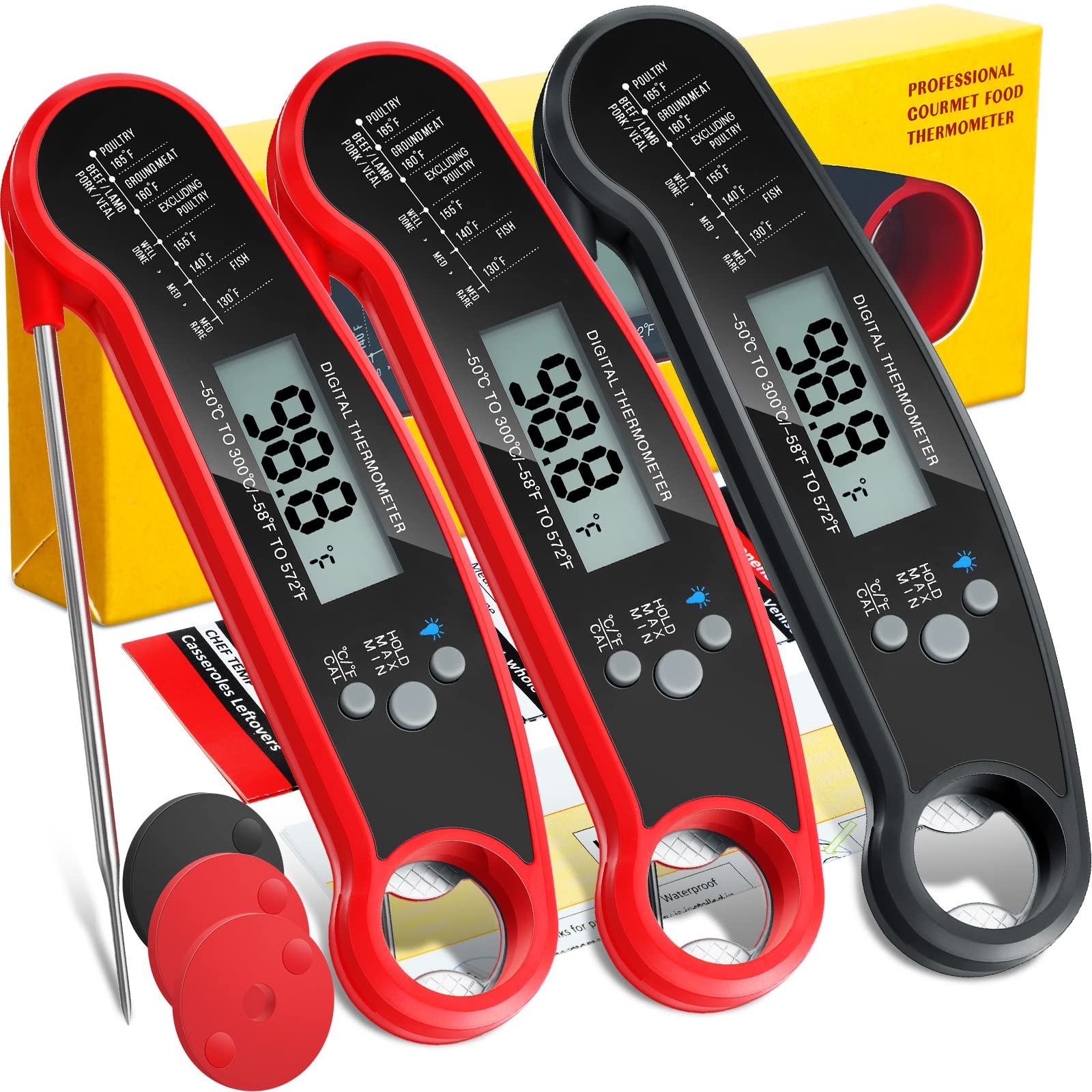 Leelosp 3 Pcs Digital Meat Thermometer with Probe Waterproof Fast Read Food Thermometer Kitchen Grilling Cooking Probe with Backlight Magnet and Calibration for Baking BBQ Outdoor, Red and Black