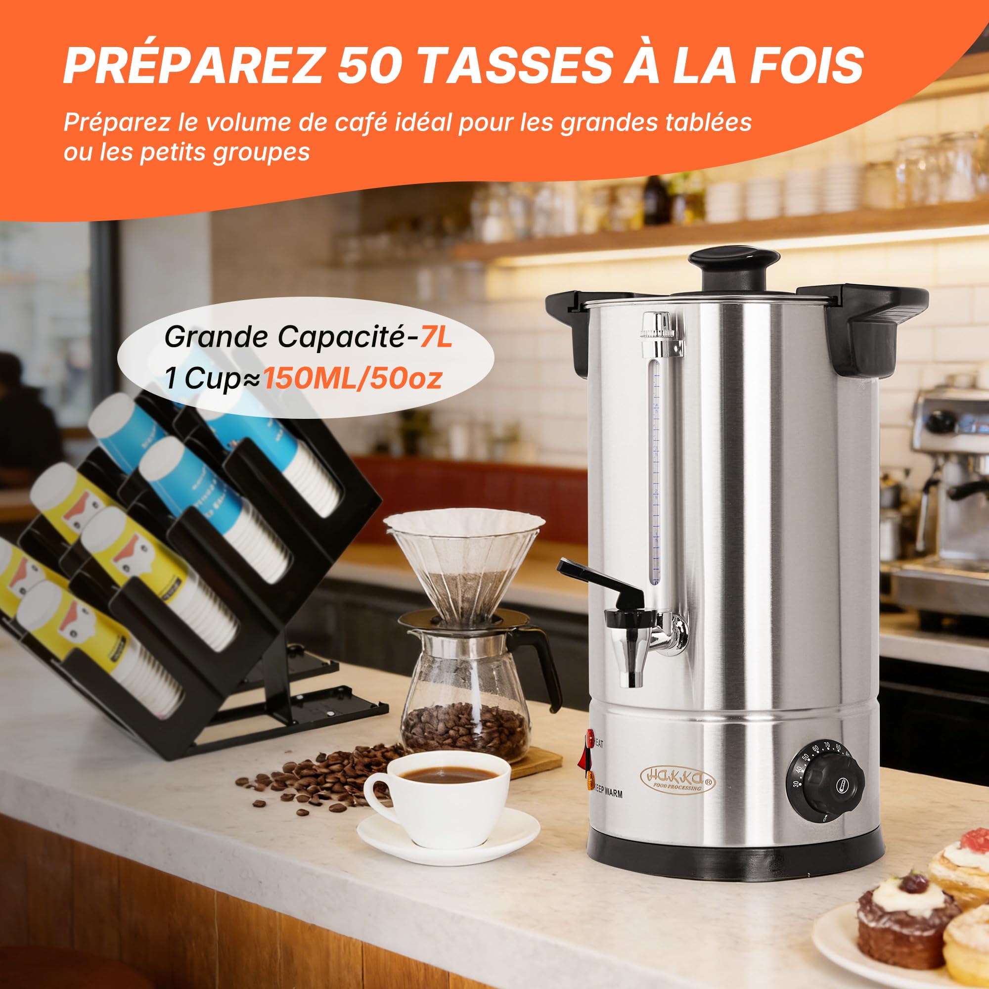 Hakka Percolateur à Café 7L/50 Tasses, Professionnelle Percolateur en Acier Inoxydable, Grand Distributeur de Café, Commercial Percolateurs électrique avec Indicateur de Niveau D'eau (Max: 5,7L)
