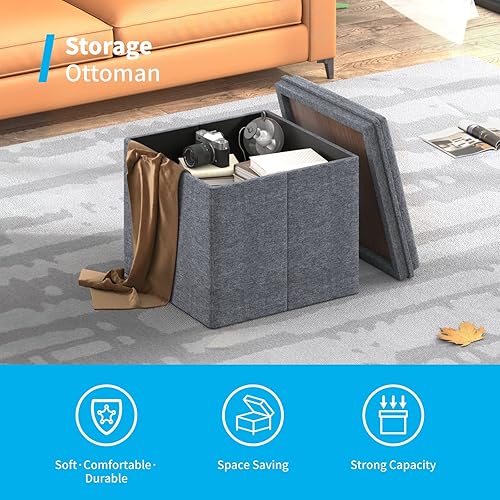 Miniatura 5 de Mjkone Otomana de almacenamiento en cubos, taburete y mesa auxiliar, reposapiés de lino y banco tapizado, otomana con almacenamiento para sala de
