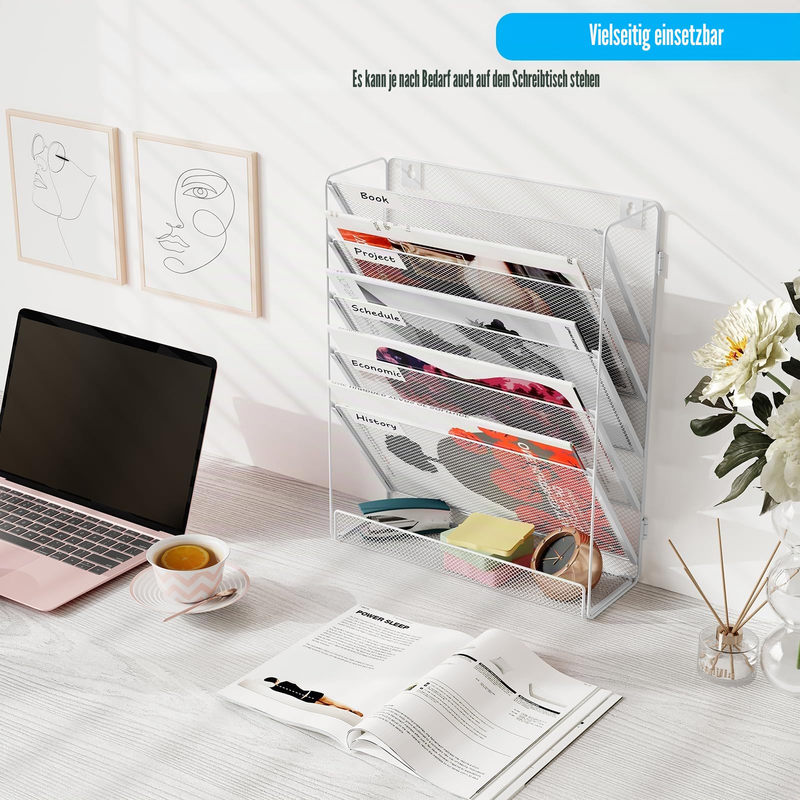 TQVAI Schreibtisch Organizer, 6 Fächer Zeitschriftenhalter Wand Metall Dokumenten Organizer Papier A4 Flyerhalter Postsortierer Dokumentenablage für Büro Zuhause Schule, Weiß