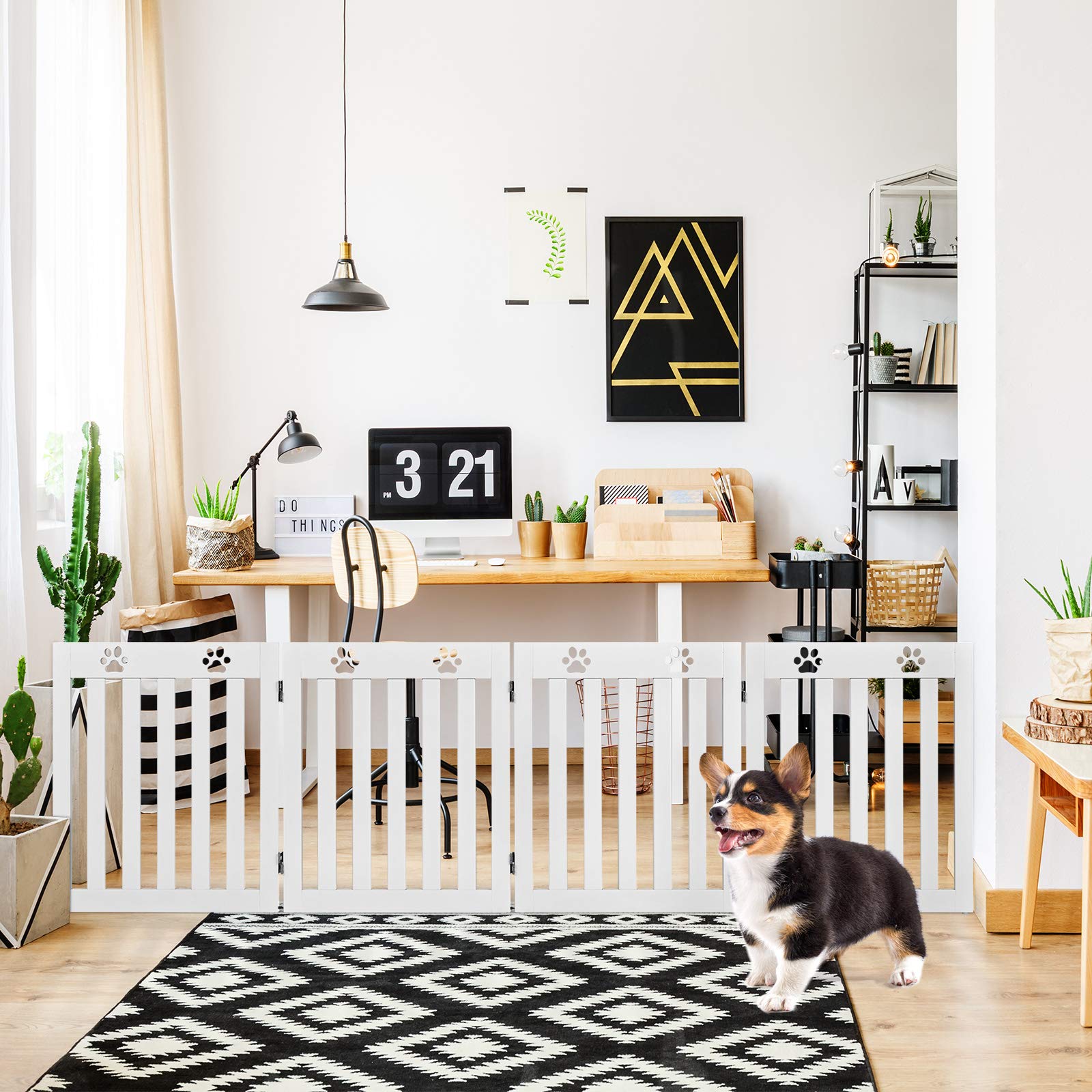 COSTWAY Cancelletto di Sicurezza Pieghevole, Barriera per Animali Domestici, in Legno, 4 Pannelli, 203 x 60 x 1,5 cm (Bianco)