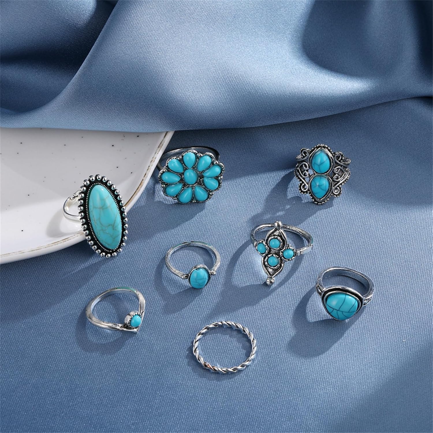 Bohemian Turquoise Ring Set for Women,Vintage Gem Turquoise Opal Joint Knuckle Stackable Rings Chunky Boho Midi Ring Pack Punk Western Ring Mixed Size - Image 5