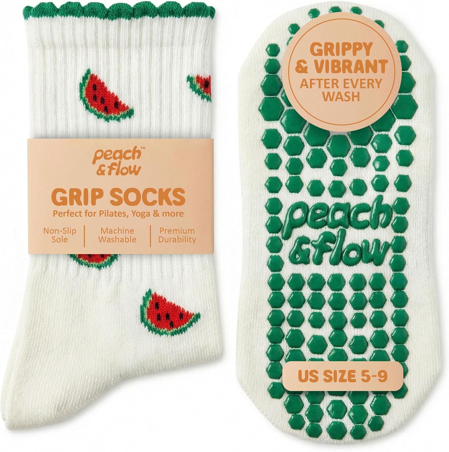 Peach & Flow Pilates Grip Socks for Women | Studio-Quality Non-Slip Reformer & Barre Socks | Arch Support, US 5-9