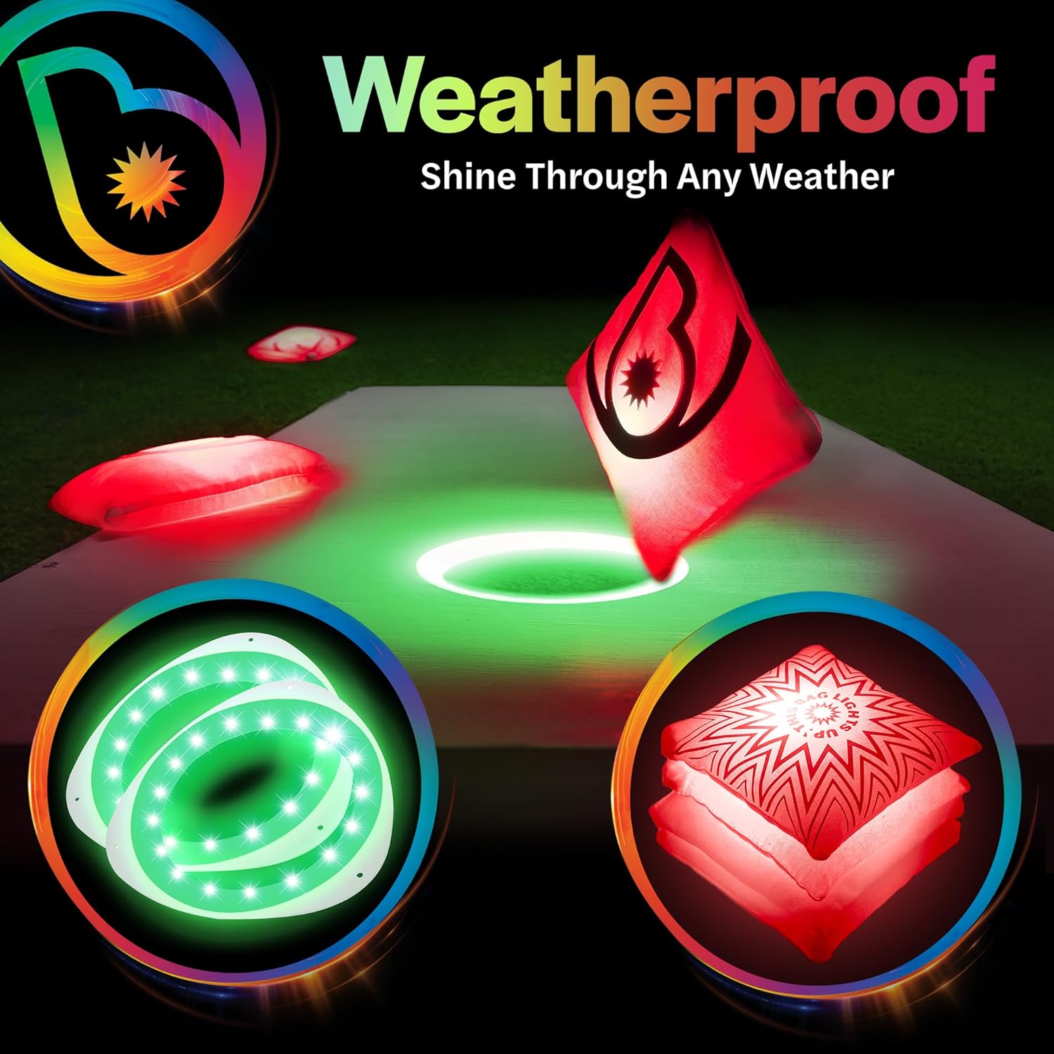 Brightz Premium Cornhole Ring Light with LED Bags - Includes 4-Pack of LED Cornhole Bags + RingBrightz Cornhole Ring Lights - The Ultimate Night Time Cornhole Master Set