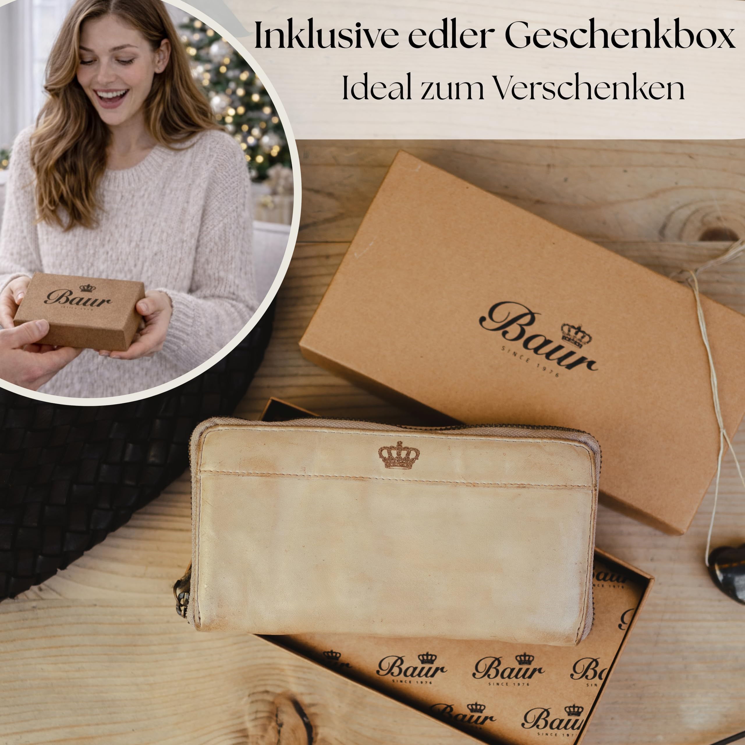 Baur Damen Geldbörse aus extra weichem Waschleder – Geldbeutel im Used-Look mit RFID-Schutz – Großes Portemonnaie mit 12 Kartenfächern – Rundum-Reißverschluss aus Metall (Glatt, Beige)