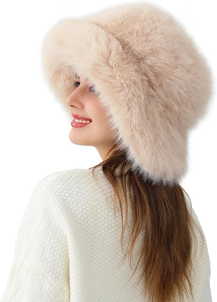 LA CARRIE Women's Fuzzy Wide Brim Faux Fur Bucket Hat Winter