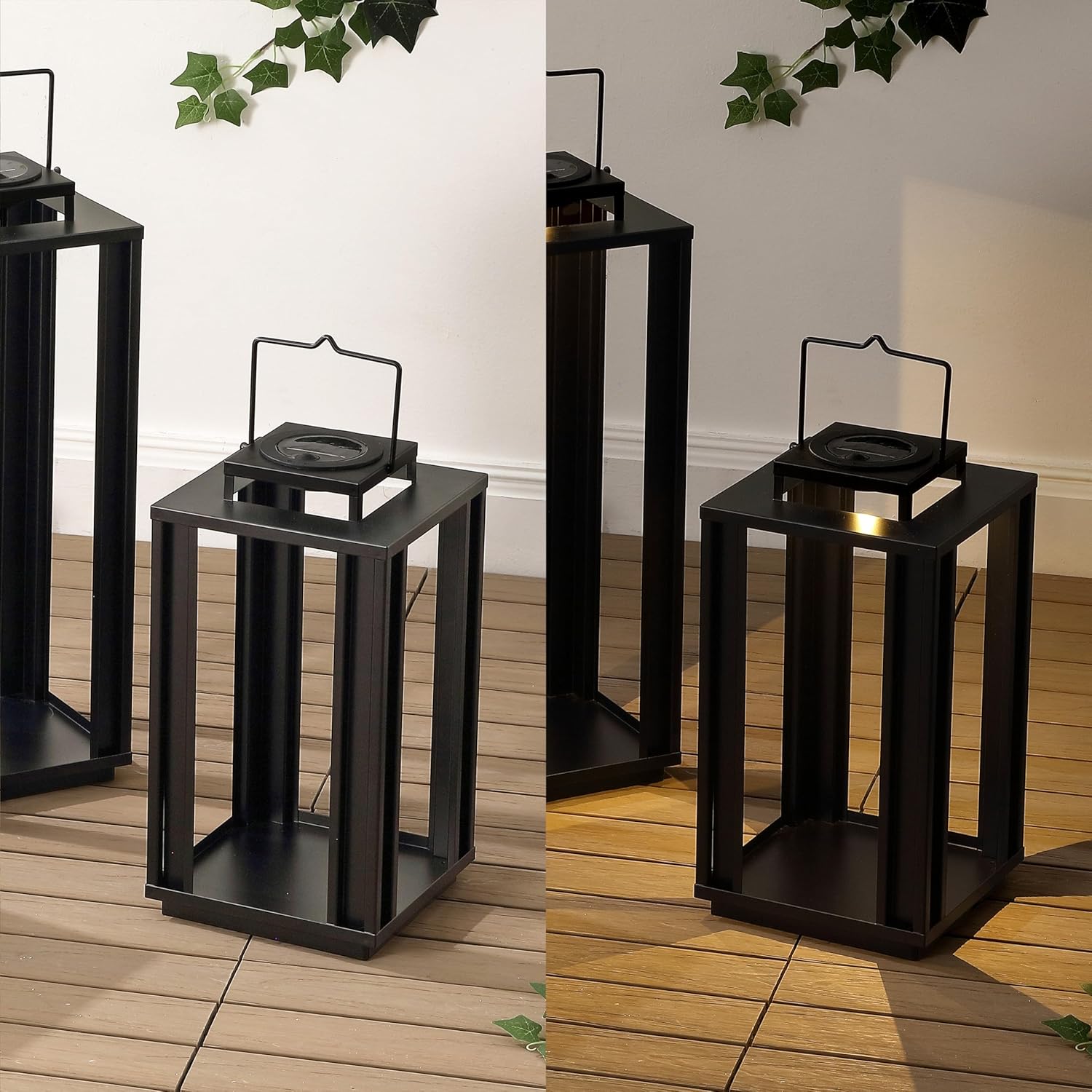 Eyely EYL2604A-3SET Trent Modern Industrial Integrated Indoor/Outdoor LED Solar Powered Lanterns Minimalist, Transitional, Vintage, Coastal, Patio, Porch, Backyard, Black (Set of 3)