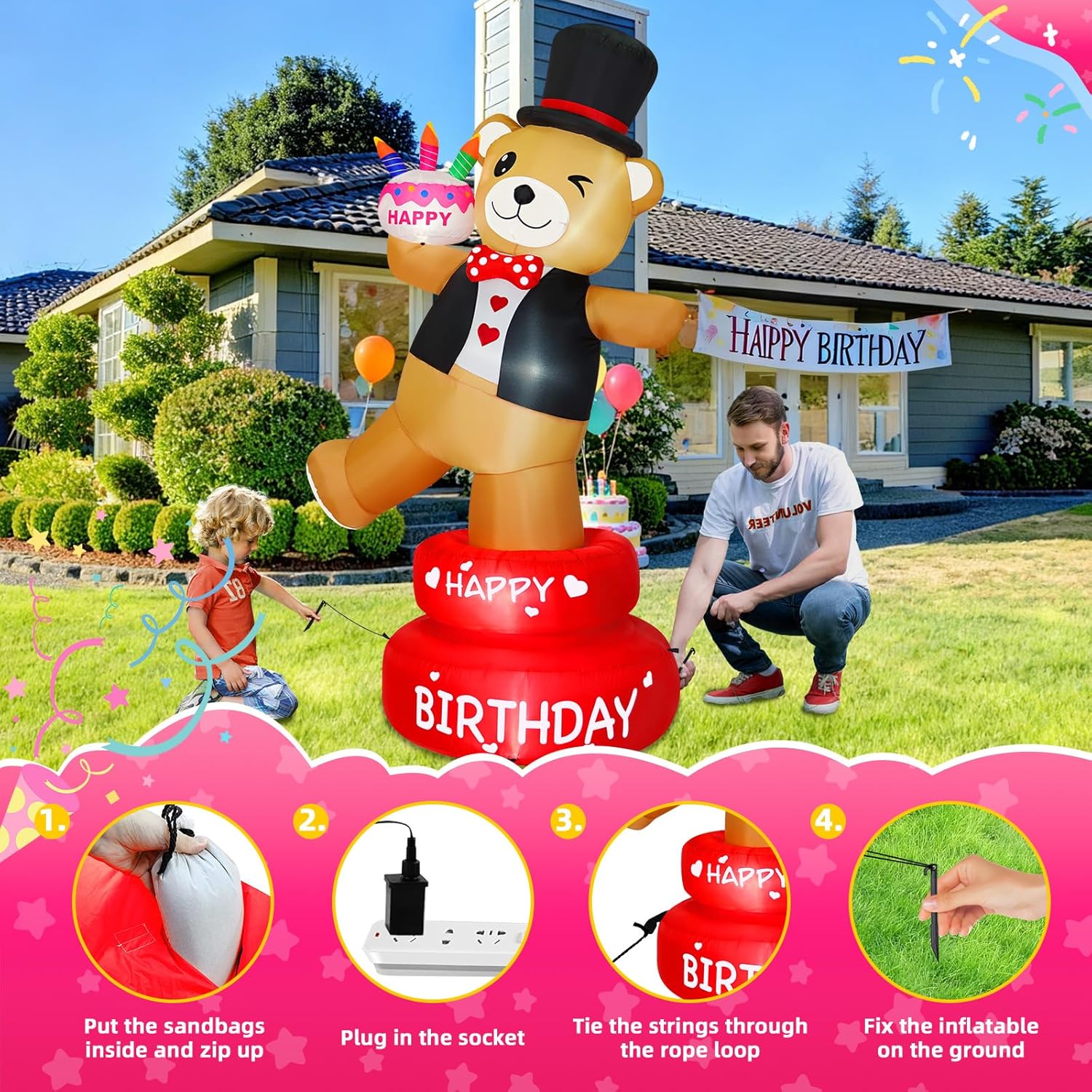 6FT Rotating Brown Bear Holding Birthday Cake Inflatable, 180° Spinning Blow Up Yard Decoration with Bright LED Lights for Outdoor Indoor Party Decor