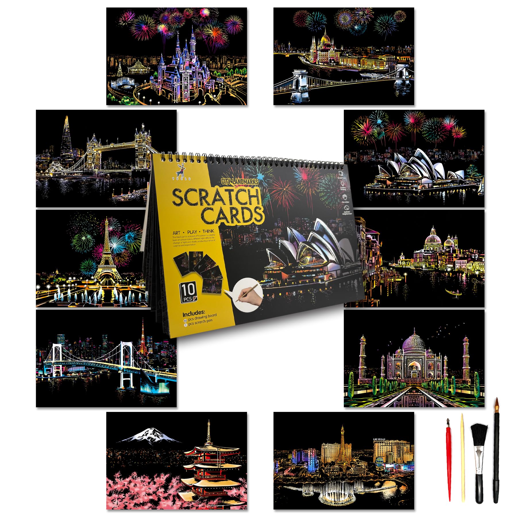 SiYear Scratch Art Painting Paper Set for Adults & Kids,Landmark Building City Series Night Scene,Scratchboard Creative Gift DIY Foil Engraving Crafts with 4 Tools (City-A4-10Pack)