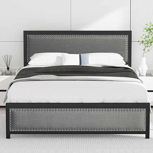 VECELO Queen Size Bed Frame with Linen Fabric Headboard and Footboard, Heavy-Duty Platform with Strong Steel Slats, No Box Spring Needed, Easy Assembly, Grey