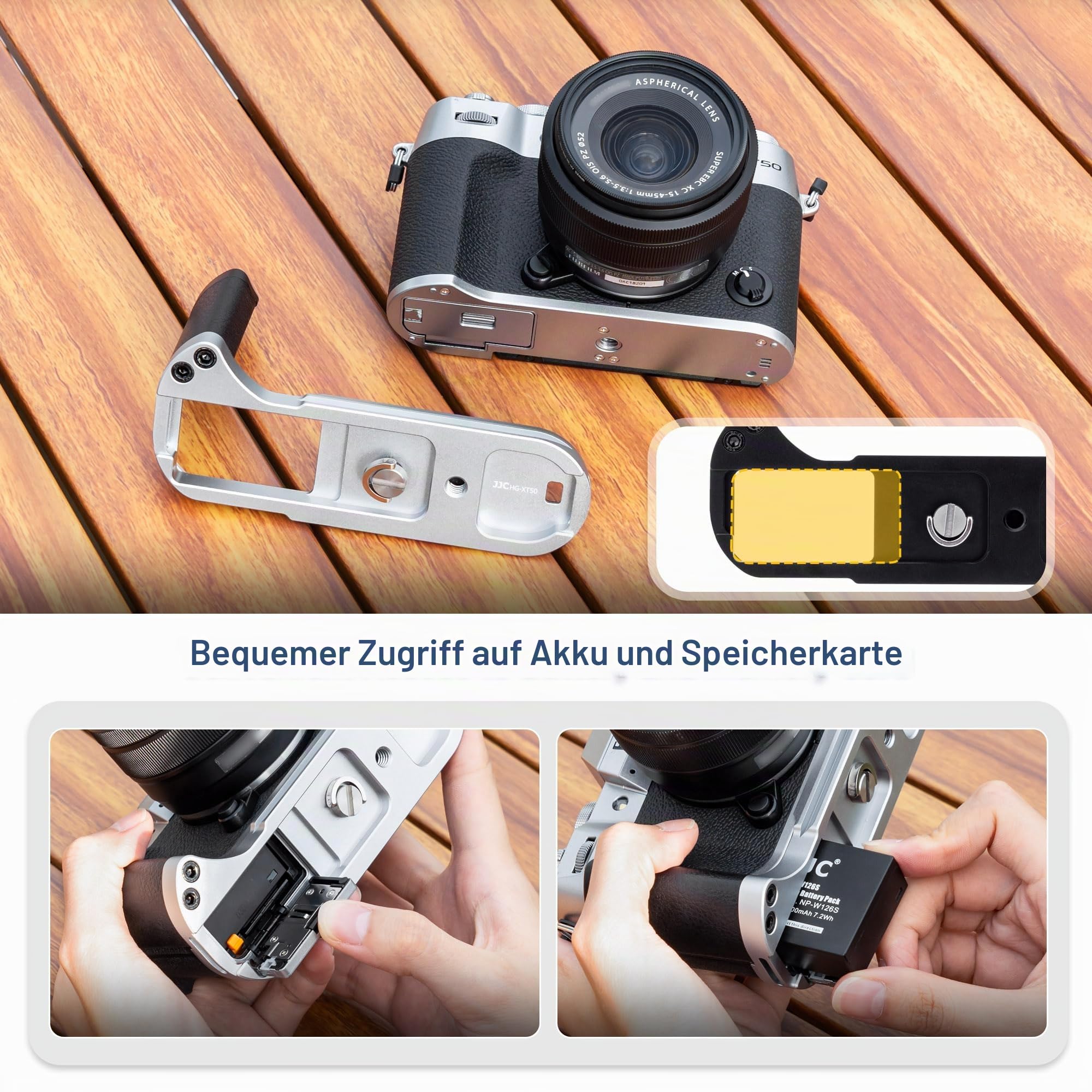 JJC L-Handgriff für Fuji X-T50 Arca-Swiss-Schnellwechselplatte, Schwarz | Hochwertiges Aluminium | Rutschfester Silikongriff | Vollzugriff auf Display | Vollzugriff auf Akku, SD-Karte & Lautsprecher