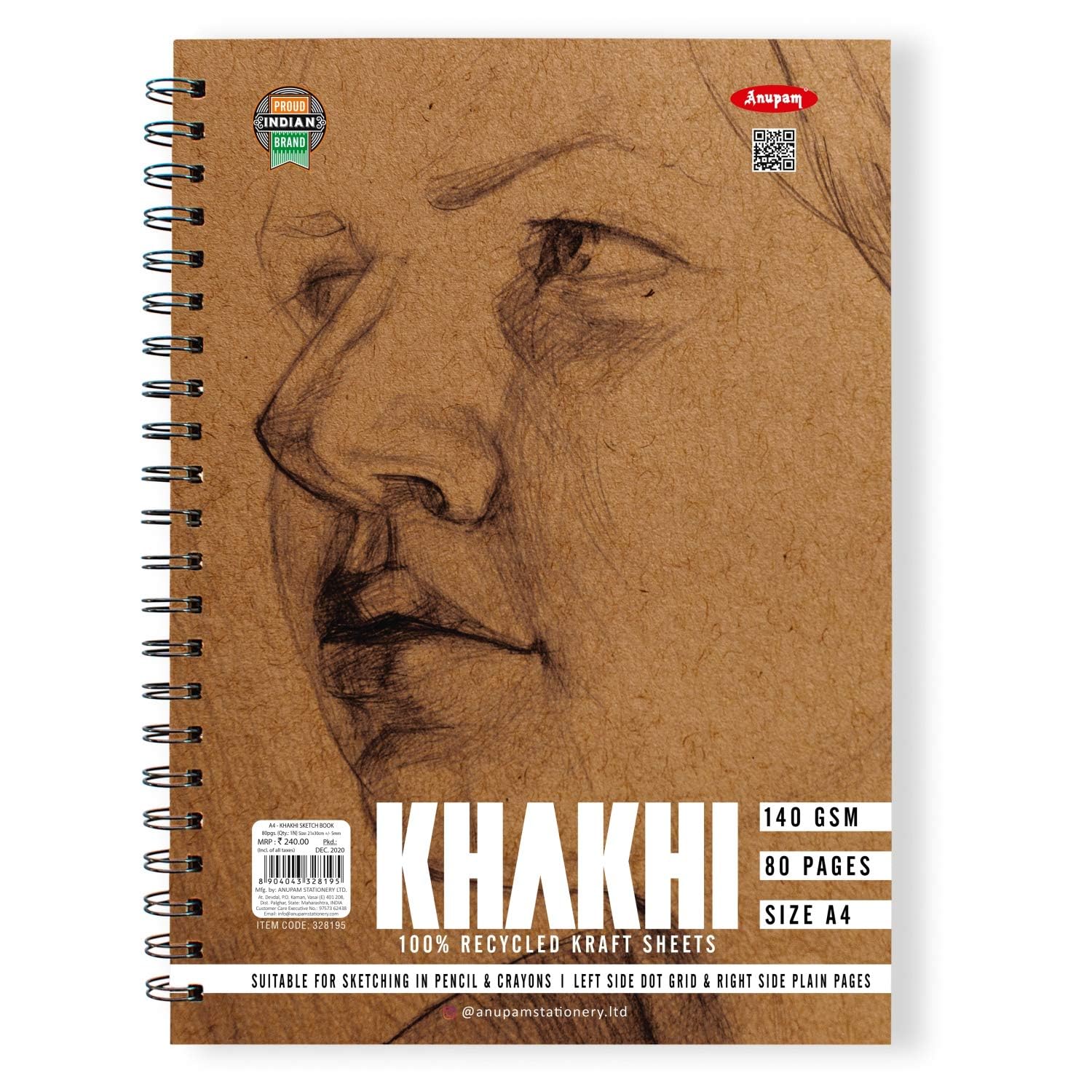 Anupam Khaki Sketchbook - Wireo Book - One Side Dot-Grid & One Side Plain Paper - 140 GSM Cartridge Paper (A4, 80 Pages)