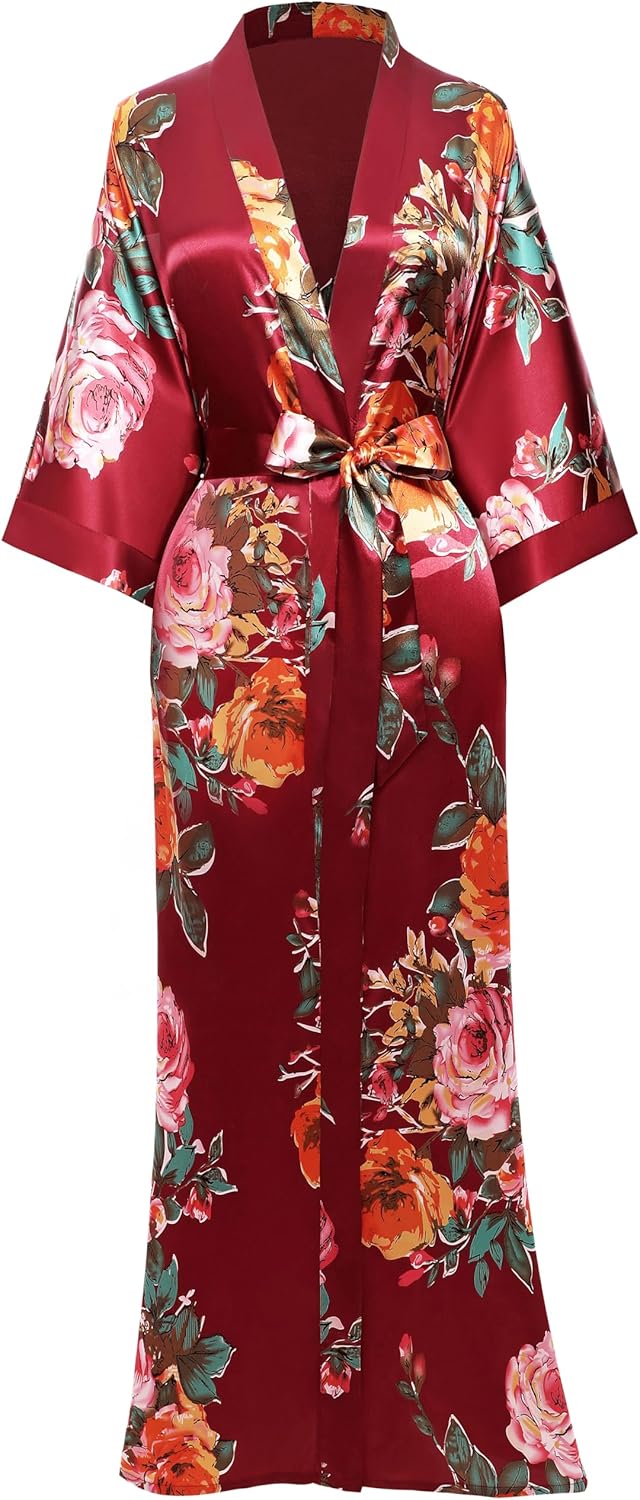 BABEYOND Women's Kimono Robe Long Satin Silky Floral Lightweight Bridesmaid Wedding Bachelorette Party Robe