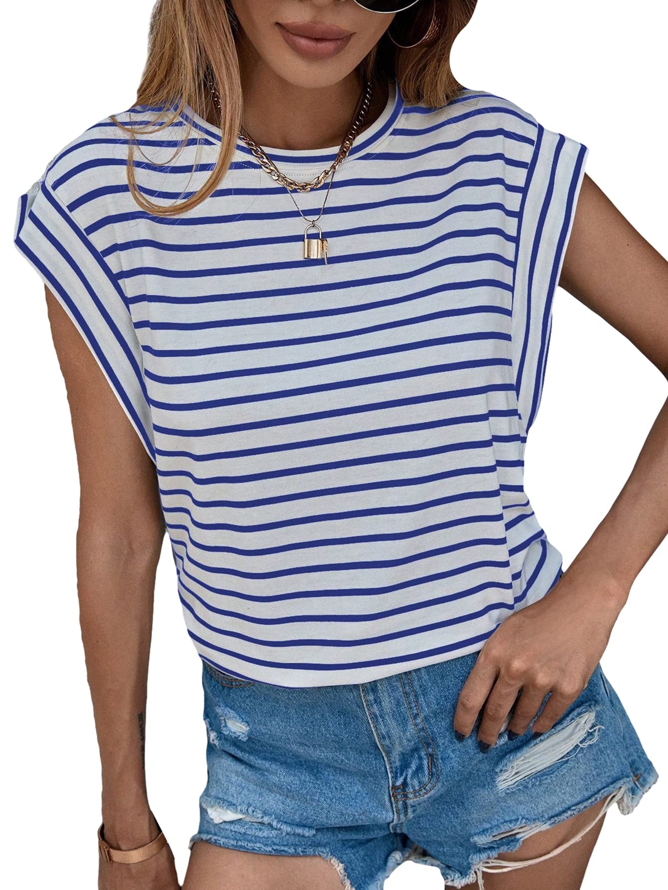 FloernsWomen's Casual Stripe Print Cap Sleeve T Shirts Round Neck Tee