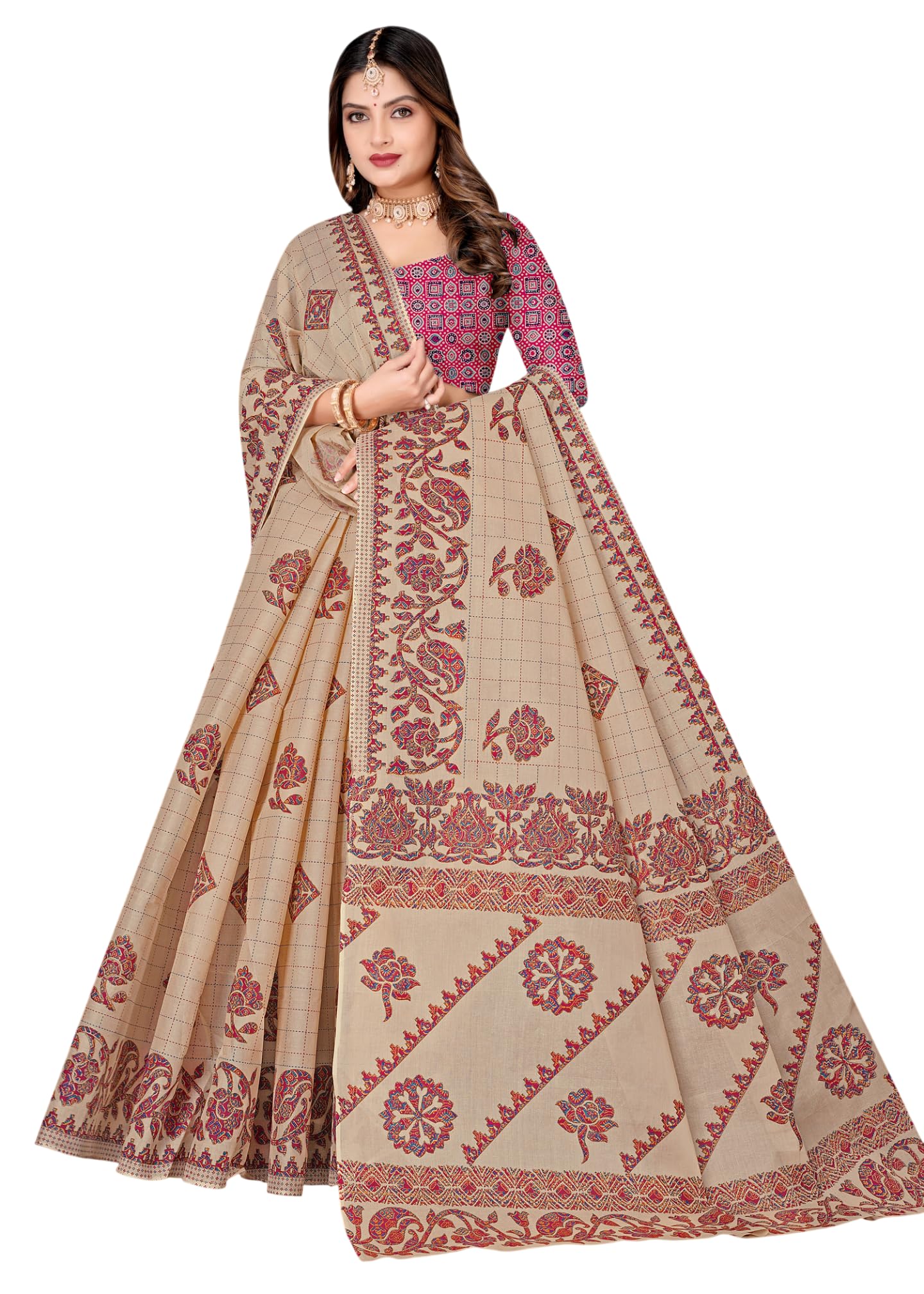 Experience the lightweight comfort of pure mulmul (stiff) cotton sarees, featuring elegant traditional prints on a warm beige base.-image-36